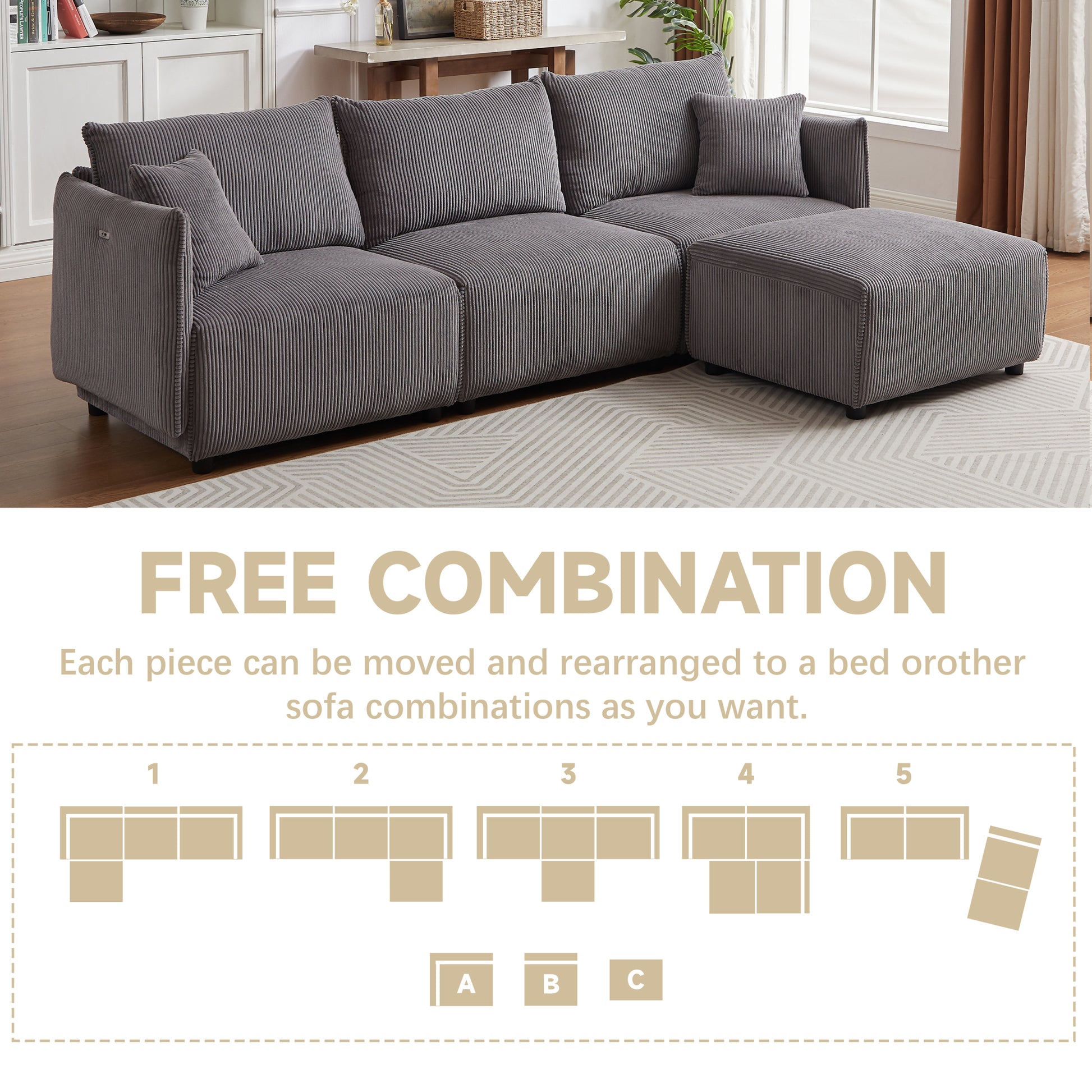 106" Multi Module Combination Style Sofa For Living Room, Bedroom And Other Lounge Spaces, Modern Minimalist Corduroy Combination Sofa With 2 Comfort Cushions With Usb & C Charging Ports Gray Gray Foam Fabric 4 Seat