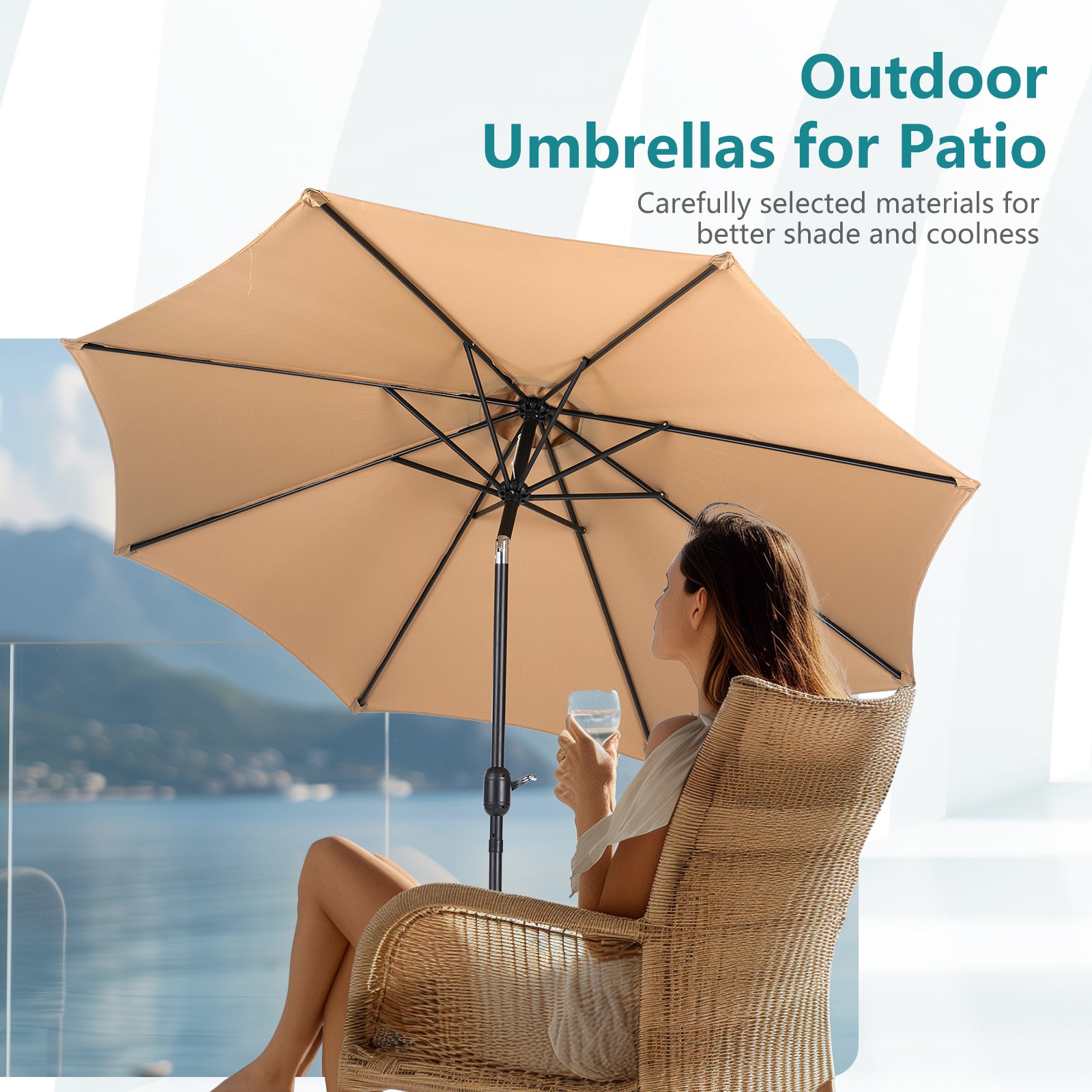 9 Foot Outdoor Patio Umbrella With Button Tilt And Crank, Outdoor Patio Market Table Umbrella Uv Protected And Waterproof, Khaki Khaki Polyester