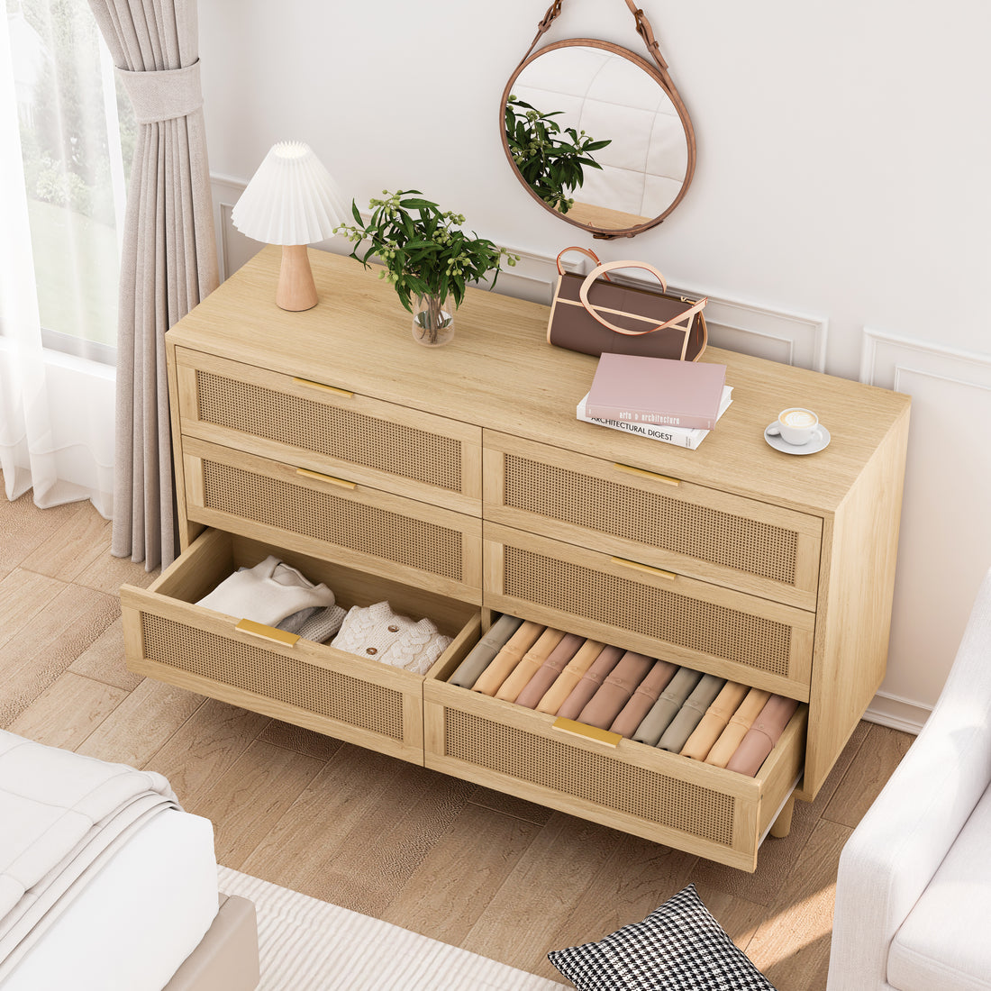 51.18"6 Drawers Rattan Storage Cabinet Rattan Drawer With White Drawer Slides,For Bedroom,Living Room,Natural Natural Primary Living Space Particle Board