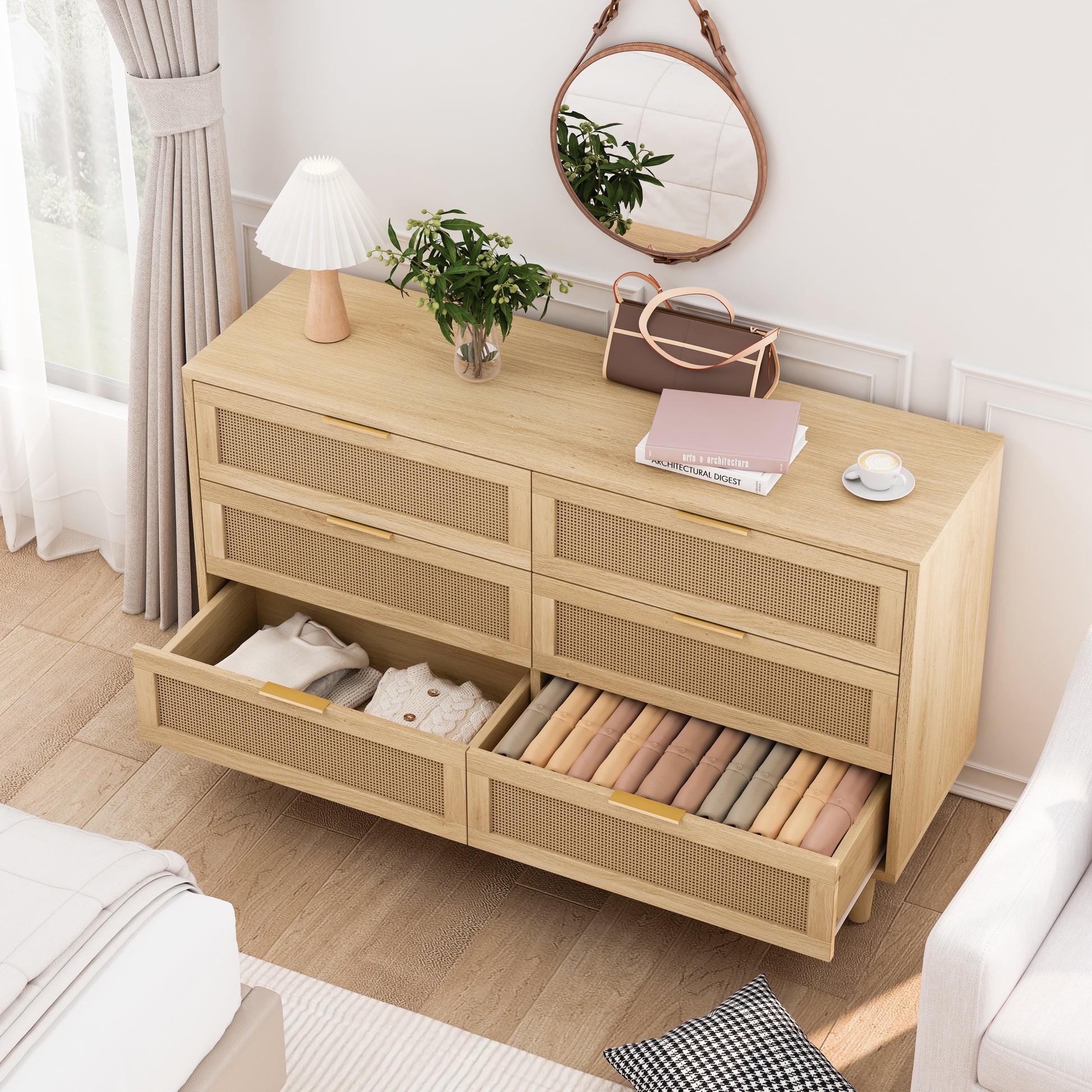 51.18"6 Drawers Rattan Storage Cabinet Rattan Drawer With White Drawer Slides,For Bedroom,Living Room,Natural Natural Primary Living Space Particle Board