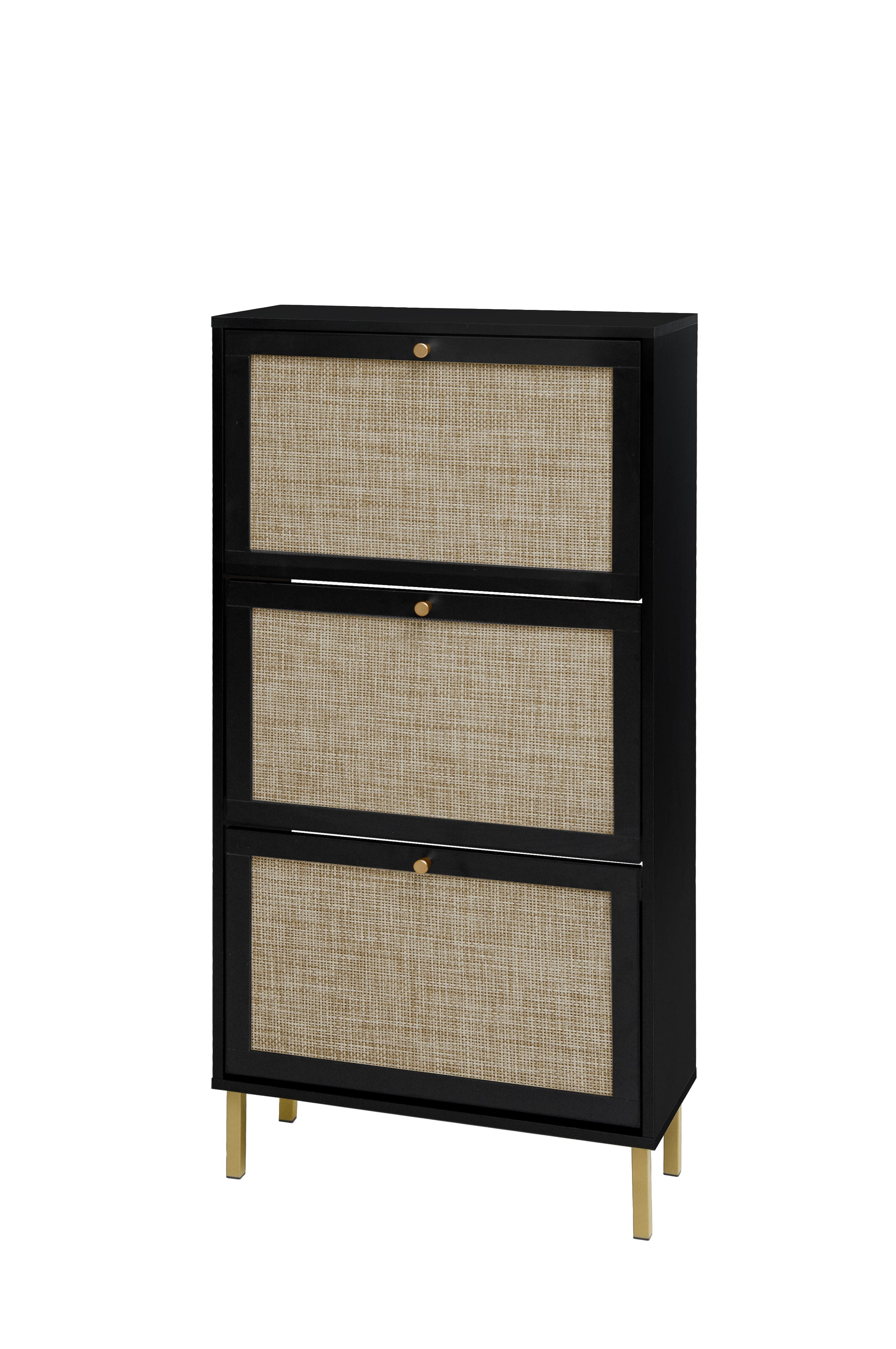 Rattan 3 Door Shoe Rack, Freestanding Modern Shoe Storage Cabinet, For Entryway Black Particle Board