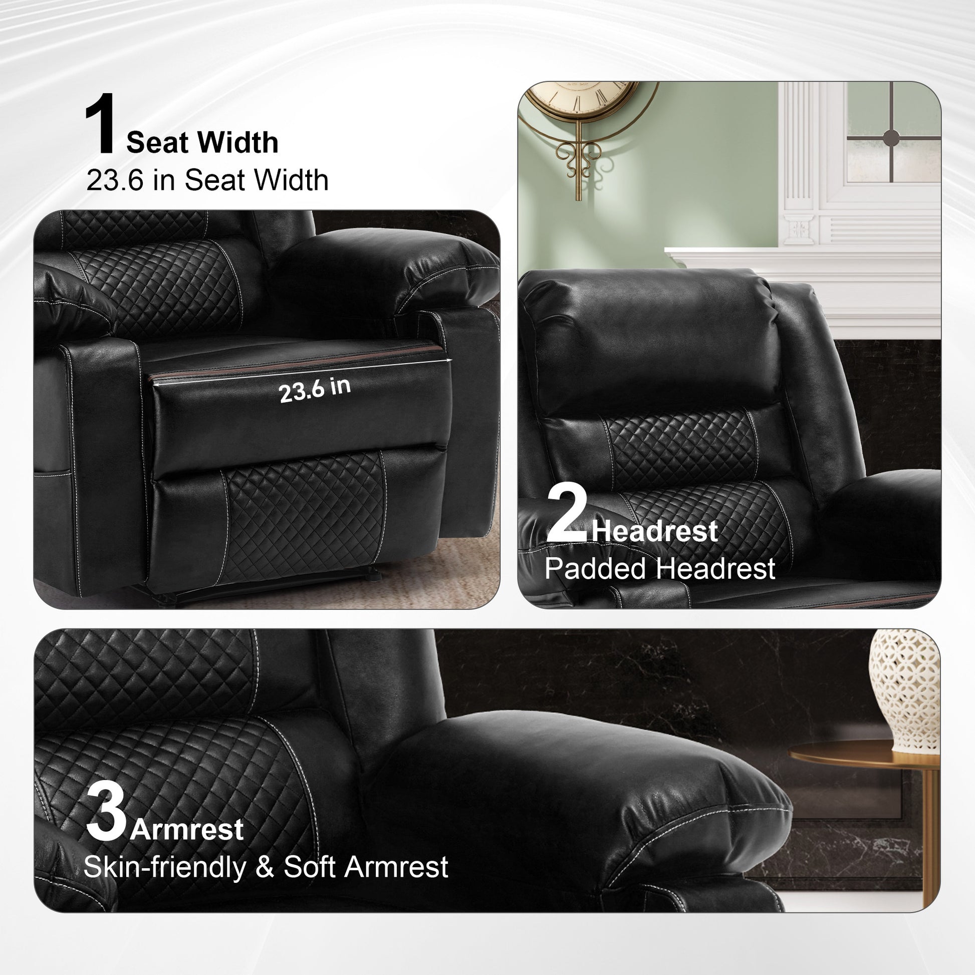 Leather Massage Recliner Chair Manual Living Room Reclining Sofa Black Faux Leather Manual Handle Metal Primary Living Space Soft Cushion Back Heavy Duty American Design,American Traditional,Antique,Classic Pillow Top Arms Foam Pu Leather