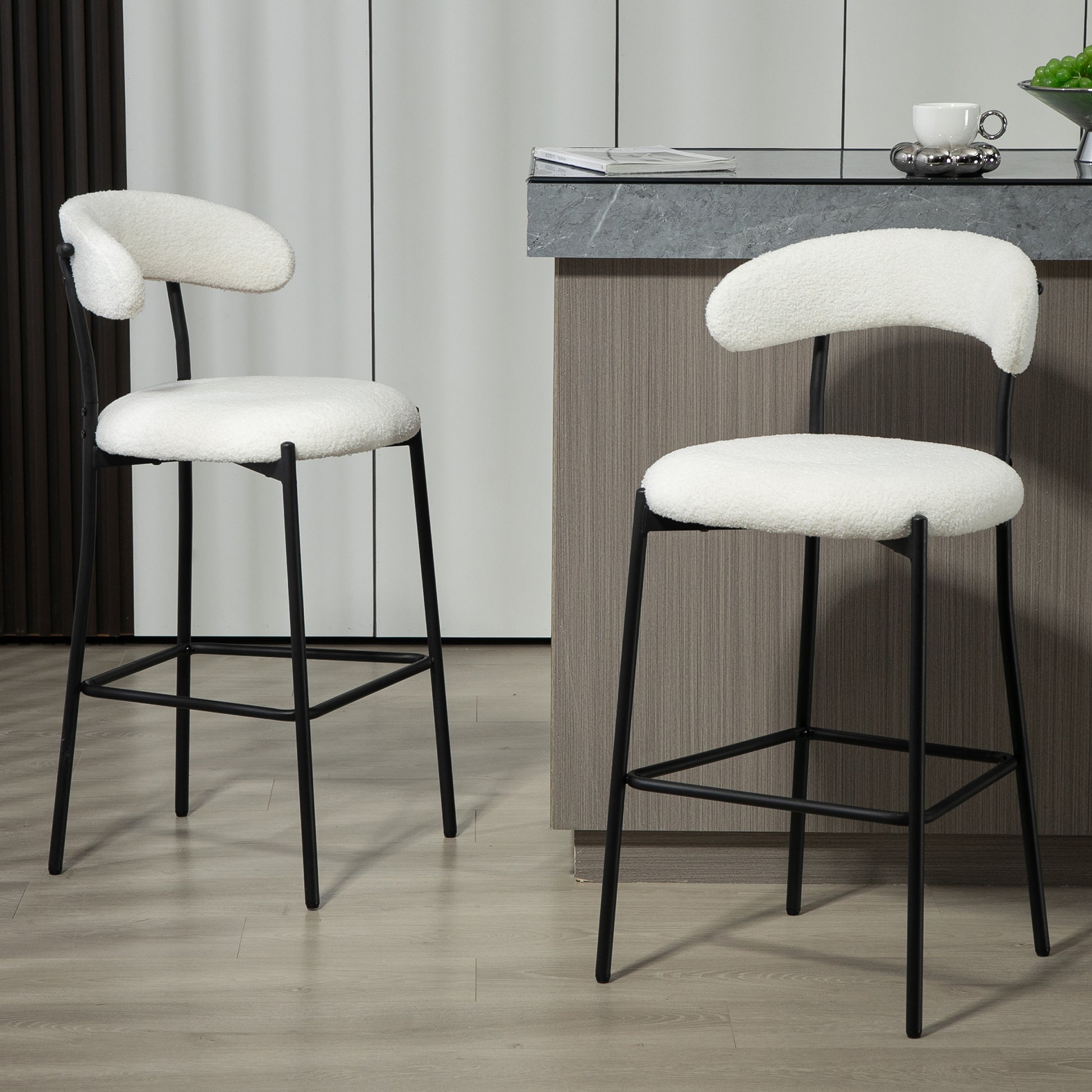 26'' Counter Height Bar Stools Teddy Fabric Cover Kitchen Island Counter Bar Stool With Black Powder Coating Base And Footrest Snow Cushion Metal White Kitchen Foam Modern Bar Stools Open Back 1 Foam Teddy