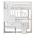 Full Size Loft Bed With Desk And Shelves, Two Built In Drawers, Storage Staircase, White And Natural Full Natural White Plywood,Solid Wood Mdf