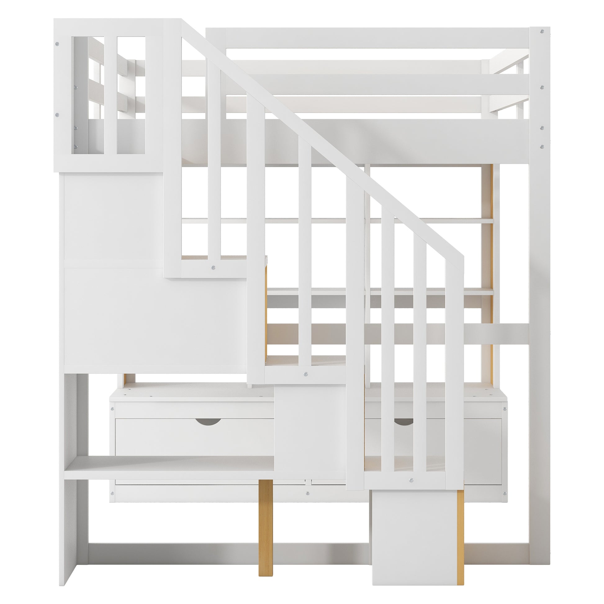 Full Size Loft Bed With Desk And Shelves, Two Built In Drawers, Storage Staircase, White And Natural Full Natural White Plywood,Solid Wood Mdf