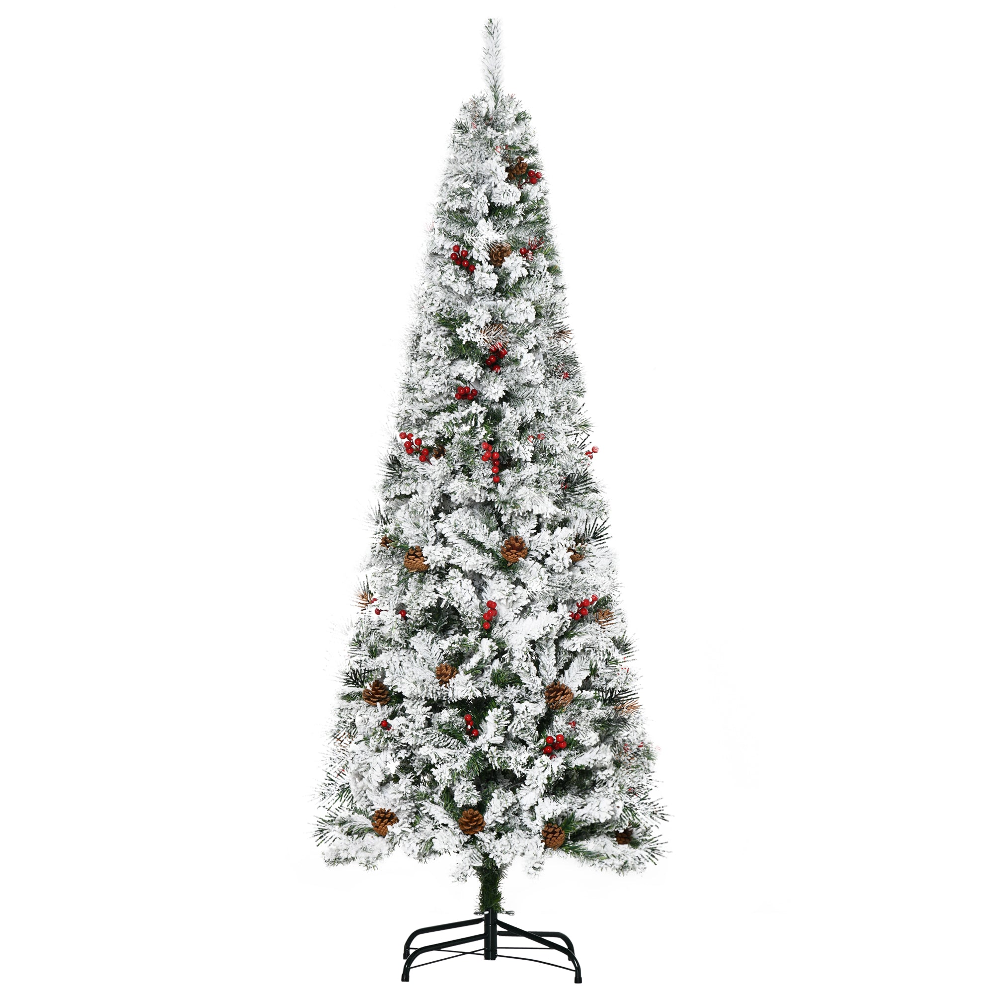 Homcom 6' Pencil Snow Flocked Artificial Christmas Tree With 600 Pine Realistic Branches, Pine Cones, Red Berries, Auto Open, Green Green Plastic