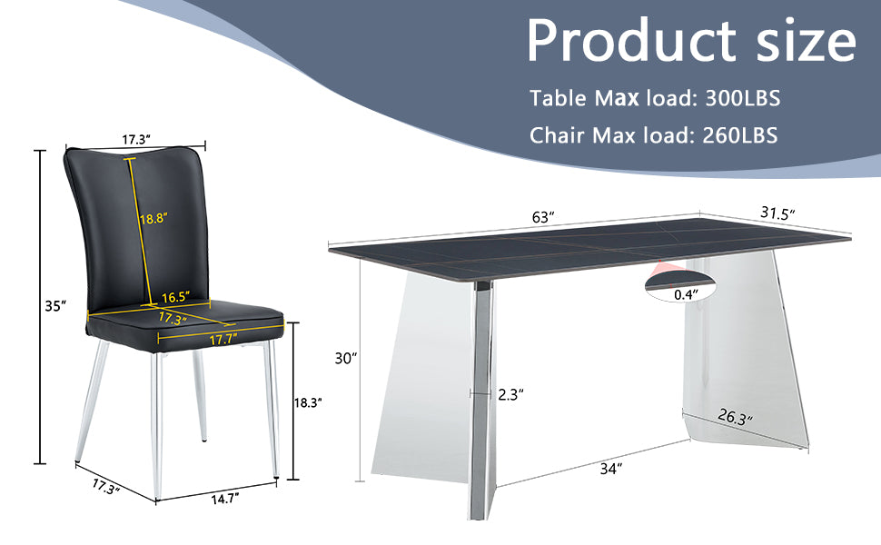 Table And Chair Set.63"X31.5X30" Black Marble Patterned Slabs Tabletop With Stainless Steel Butterfly Legs.Paired With 6 Black Pu Dining Chairs With A Vertical Stripe Design On The Backrest. Black