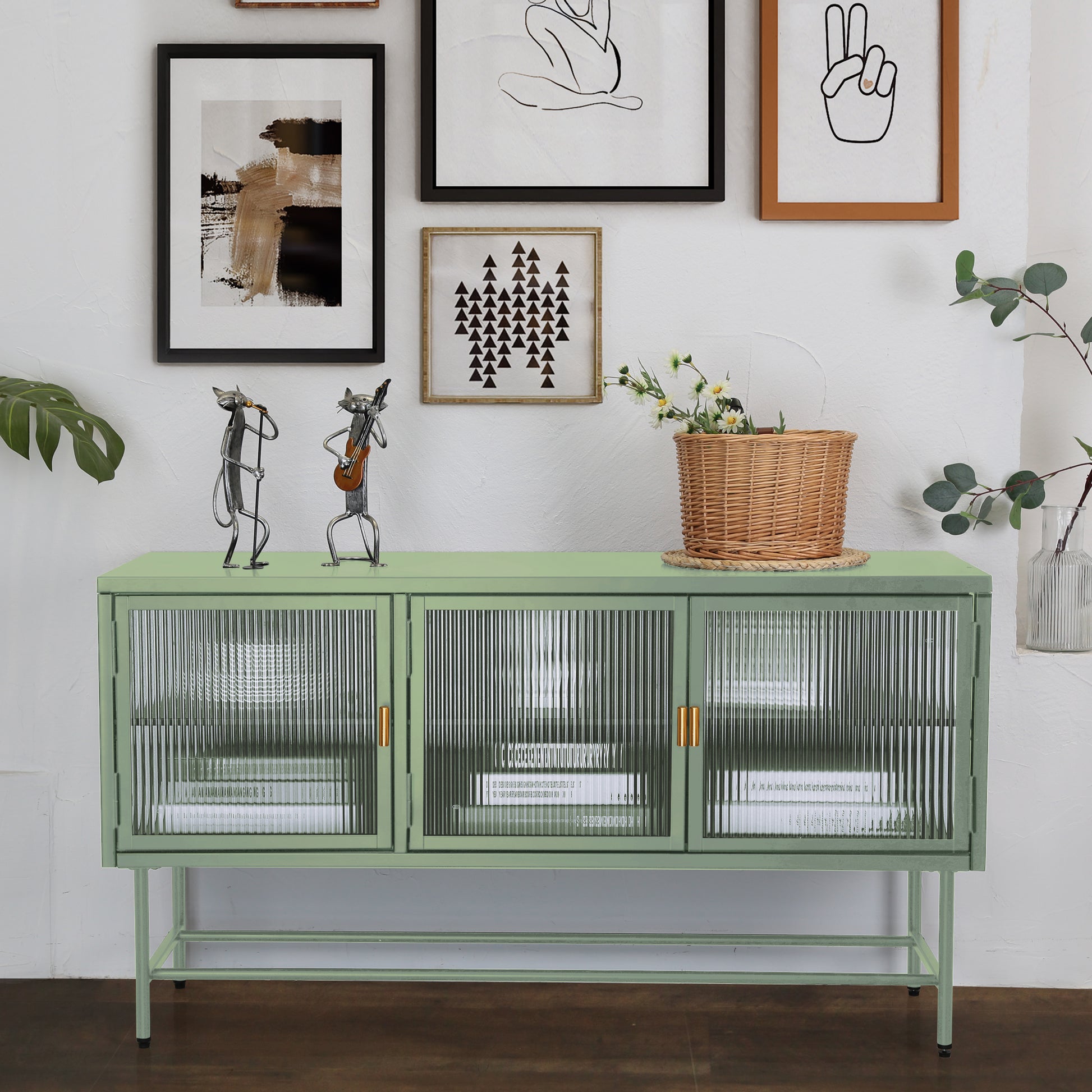 Retro Style Entertainment Center Tv Console Tv Stand With Enclosed Storage Display Cupboard Stylish Fluted Glass Tv Table With Wide Countertop Glass Doors Detachable Shelves Old Sku:W68751722 Mint Green Steel