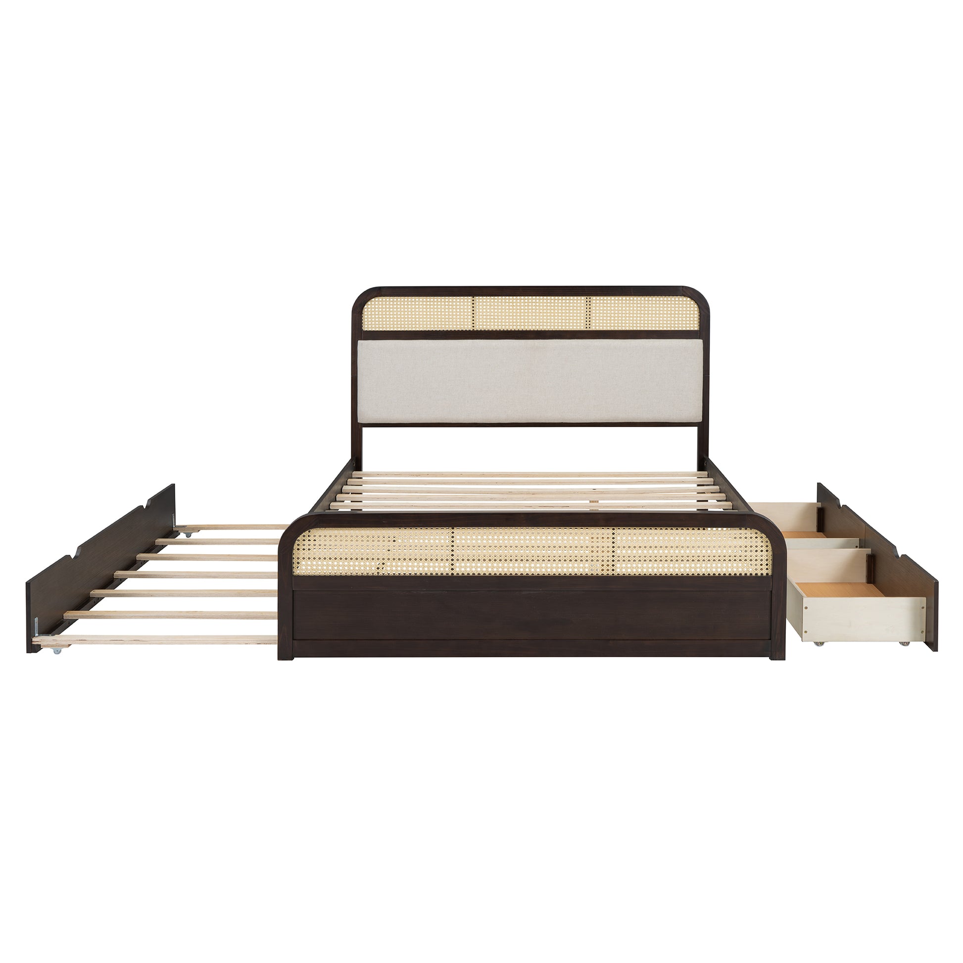 Queen Size Wooden Platform Bed With Trundle And 2 Drawers,Espresso Queen Espresso Solid Wood Mdf