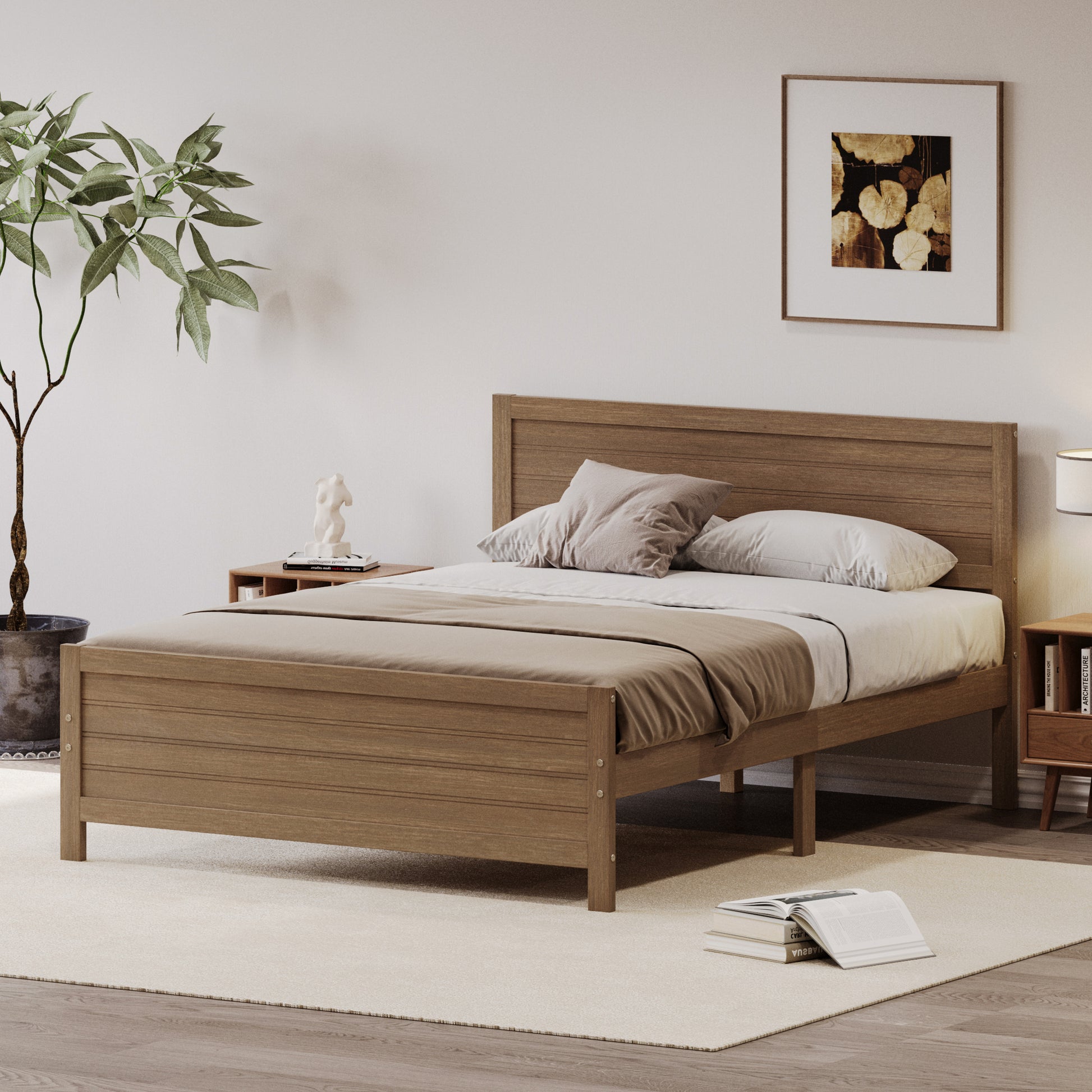 Wood Platform Bed Frame With Headboard, Mattress Foundation With Wood Slat Support, No Box Spring Needed, King Size, Walnut Box Spring Not Required King Walnut Wood Solid Wood Mdf