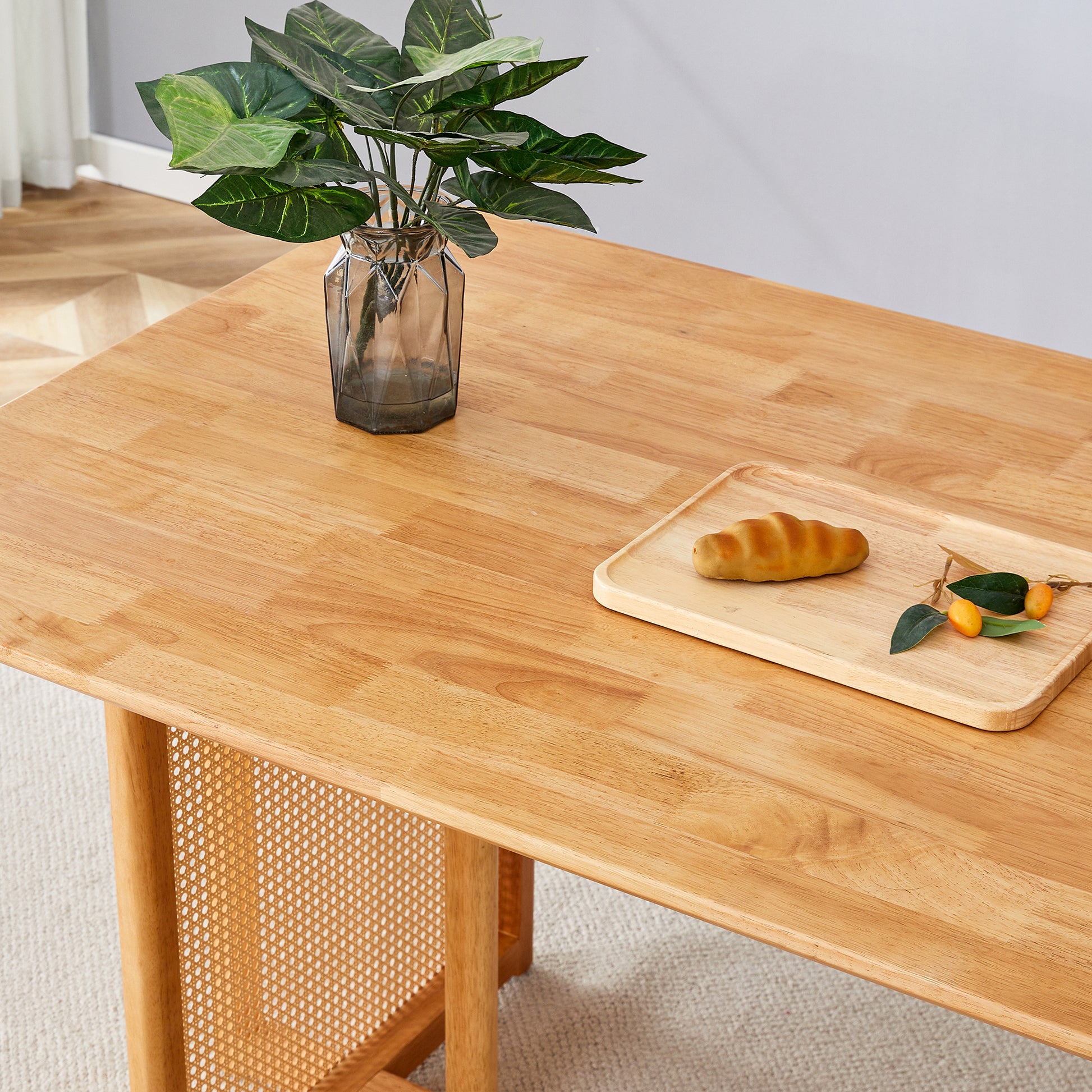 Table And Chair Set, Ancient Style Solid Wood Dining Table, Imitation Rattan Table Legs, Beautiful Simple Solid Wood Dining Chair, Perfect For Dinner, Meetings, Home And Office Decoration Wood Rubber Wood