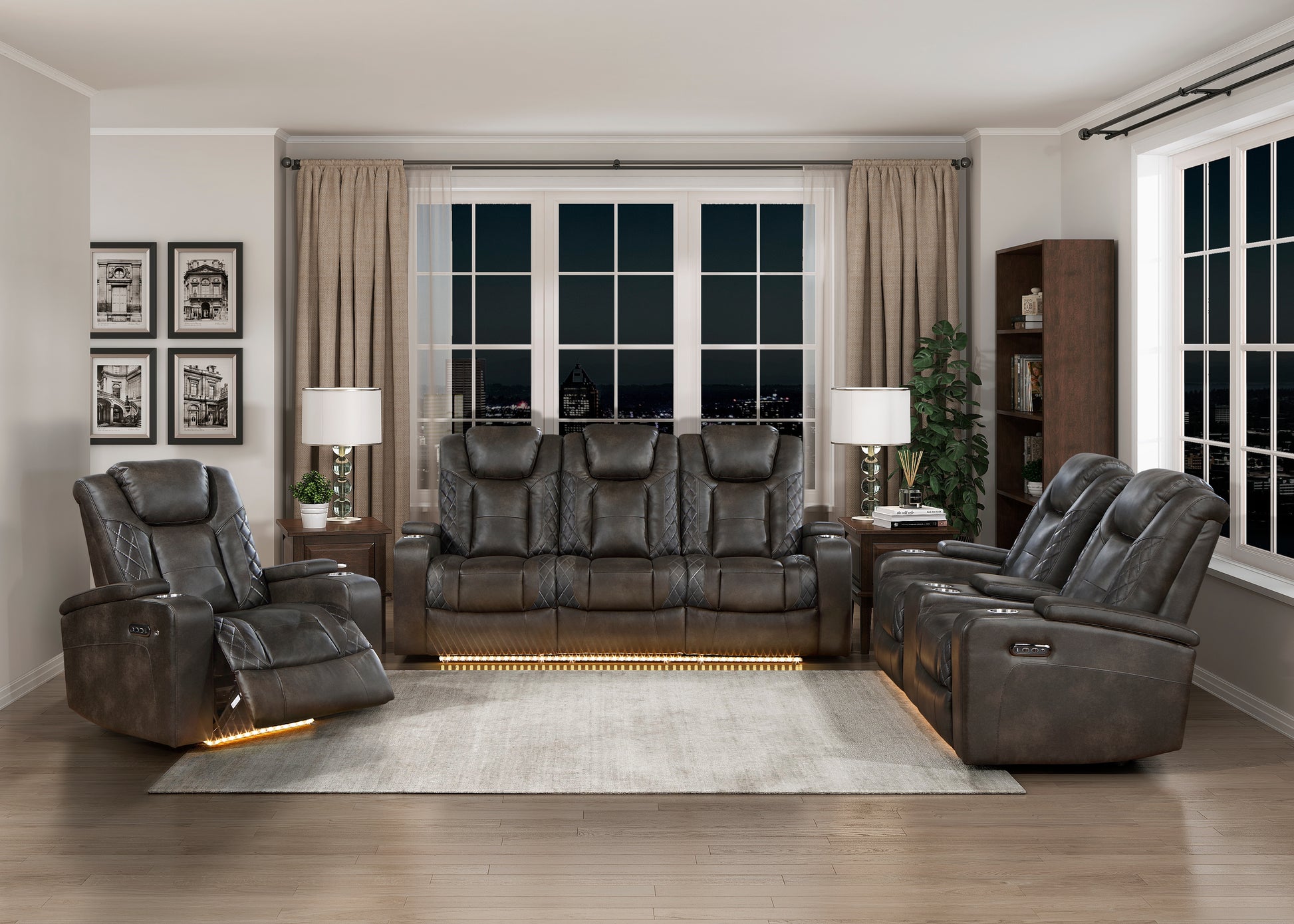 Luxury Comfort Modern Living Room Furniture 1Pc Power Reclining Sofa Premium Faux Leather Upholstery, Power Headrests, Led Light, Usb Ports, Power Outlets, Hidden Storage Brown Gray Faux Leather Wood Primary Living Space Luxury,Modern Plywood,Solid Wood