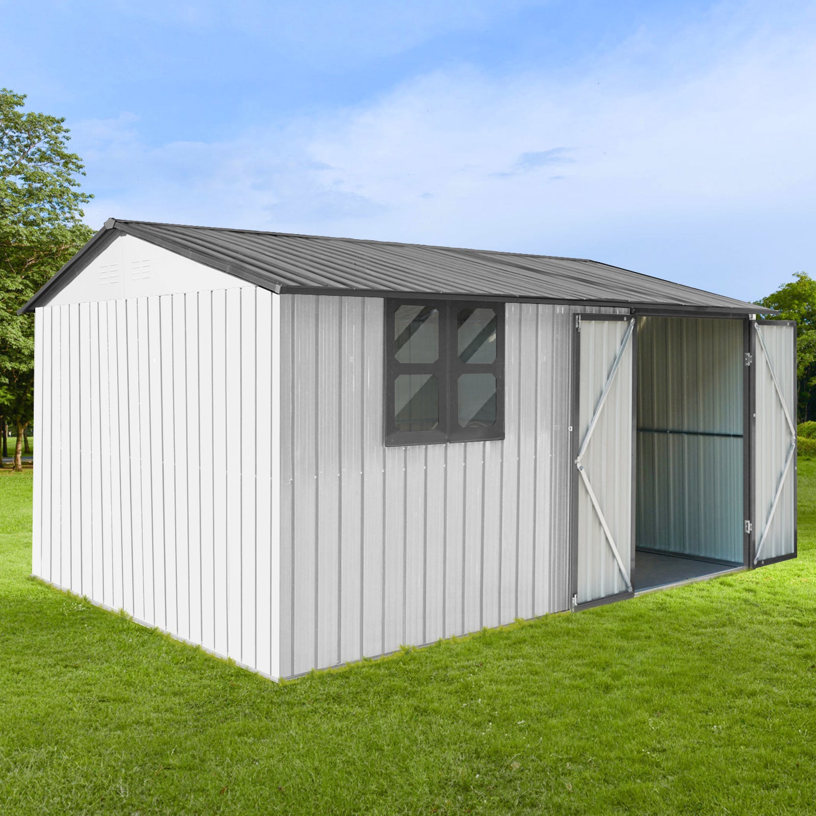 Metal Garden Sheds 10Ftx12Ft Outdoor White Grey With Window Grey White Metal