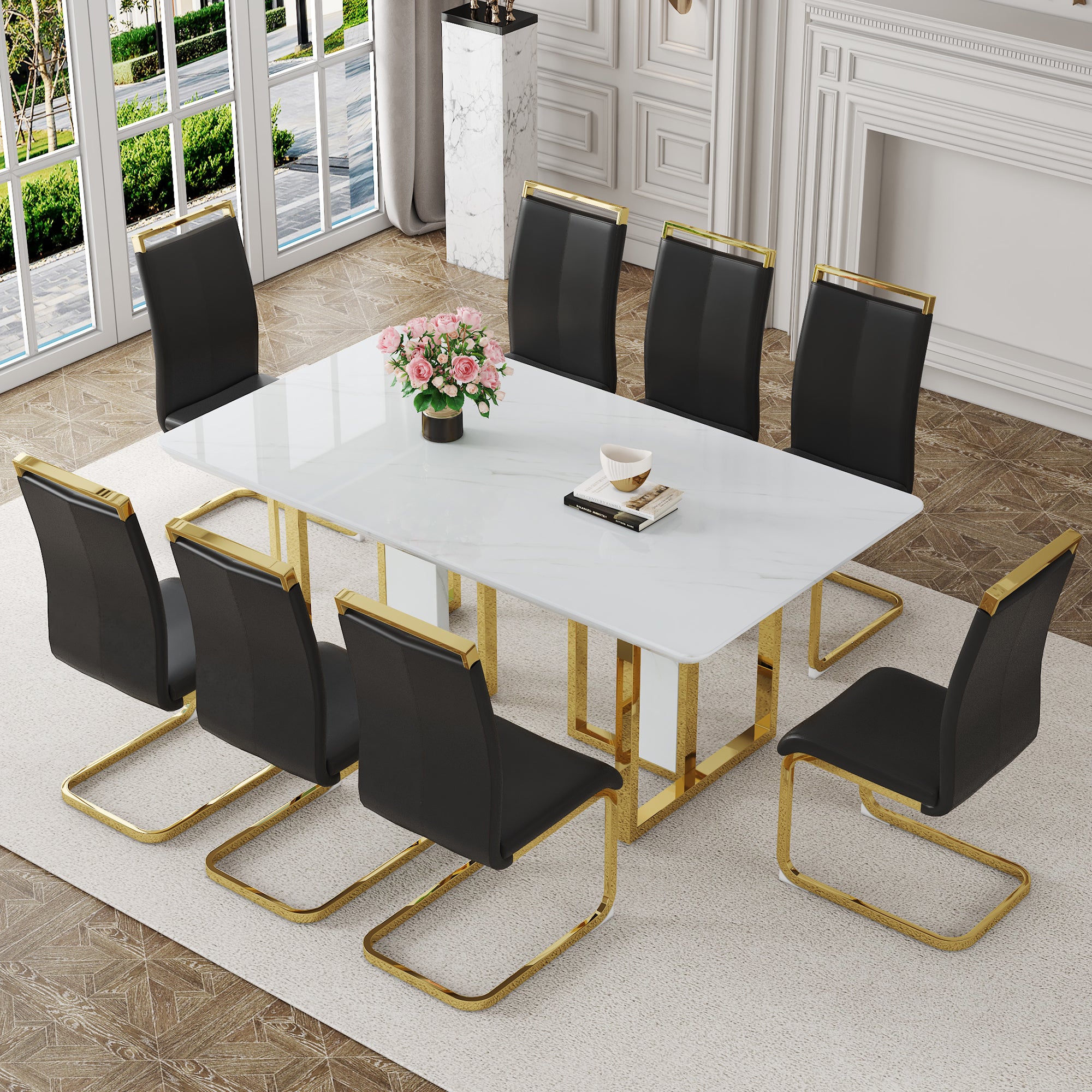 Table And Chair Set.67"X36" White Marble Pattern Mdf Dining Table Set With 8 Black Pu Chairs.Mdf Sticker,White Marble Pattern Sticker,Gold C Tube Chair Legs,Suitable For Kitchen,Dining Room,Etc.