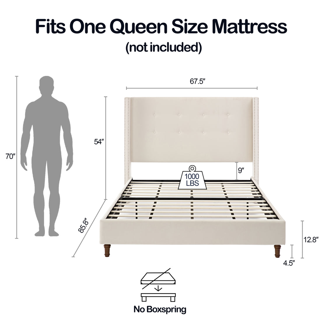 Peyton Upholstered Queen Bed 54" High Headboard Traditional Hand Buttoned Tufting Trim Wingback No Box Spring Needed Easy Assembly Ivory Velvet Box Spring Not Required Queen Ivory Metal Brown Bedroom Classic,European,Modern,Traditional Oak Bed Frame Foam