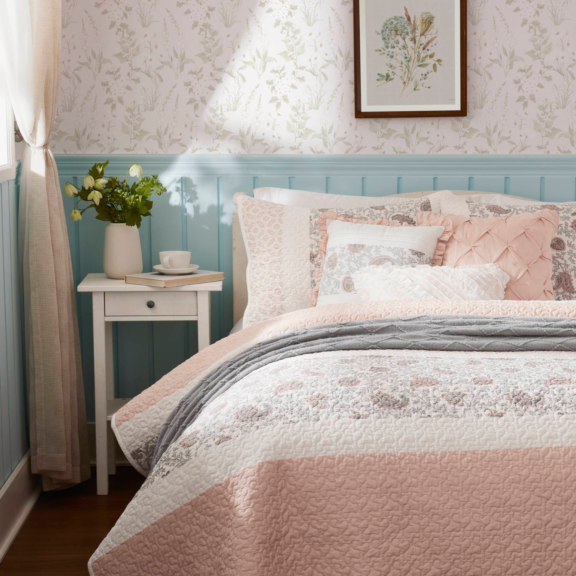 6 Piece Cotton Percale Quilt Set With Throw Pillows Blush Full Queen Full Blush Polyester