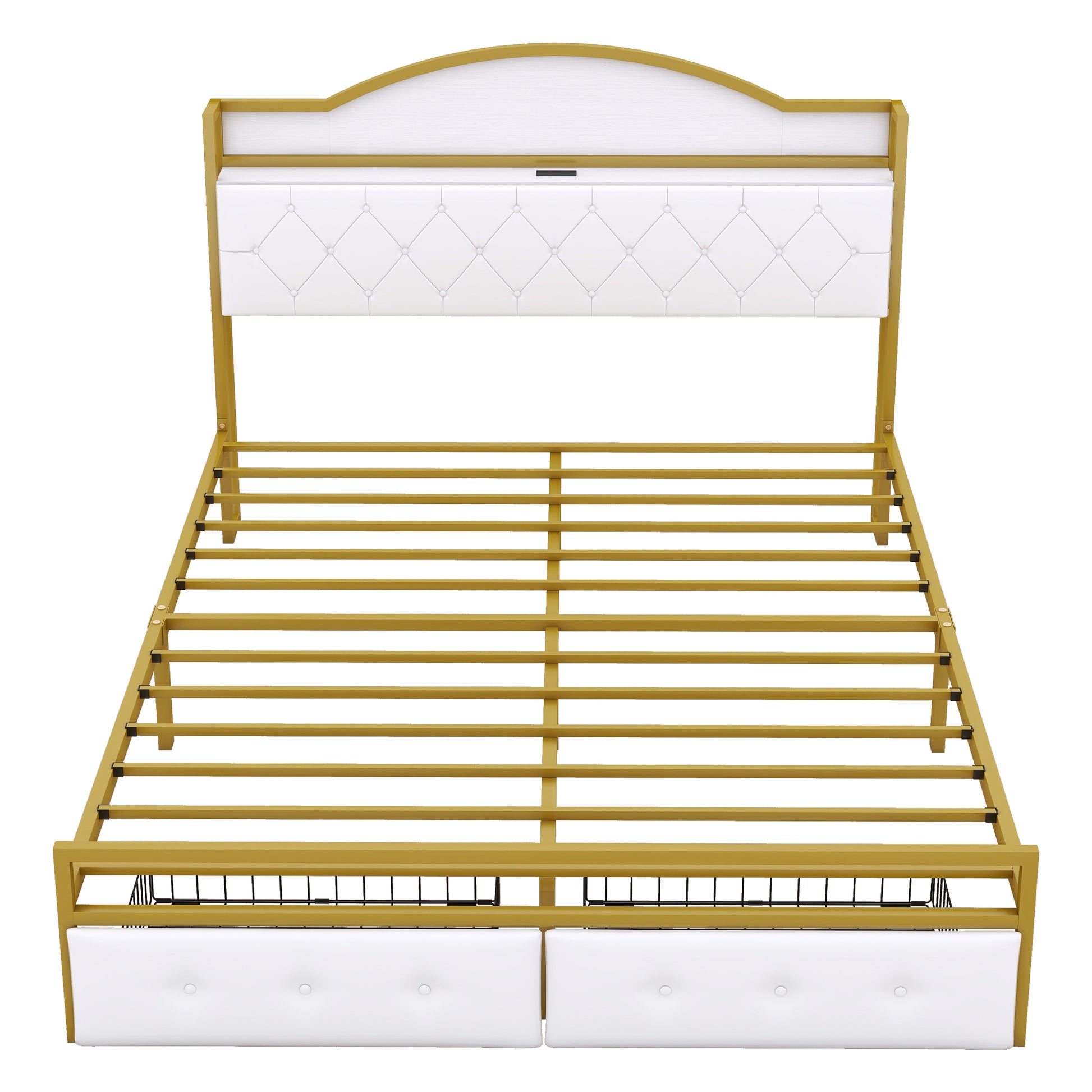 Metal Platform Bed With 2 Drawers, Storage Headboard, Queen, Gold Queen Gold White Fabric Metal