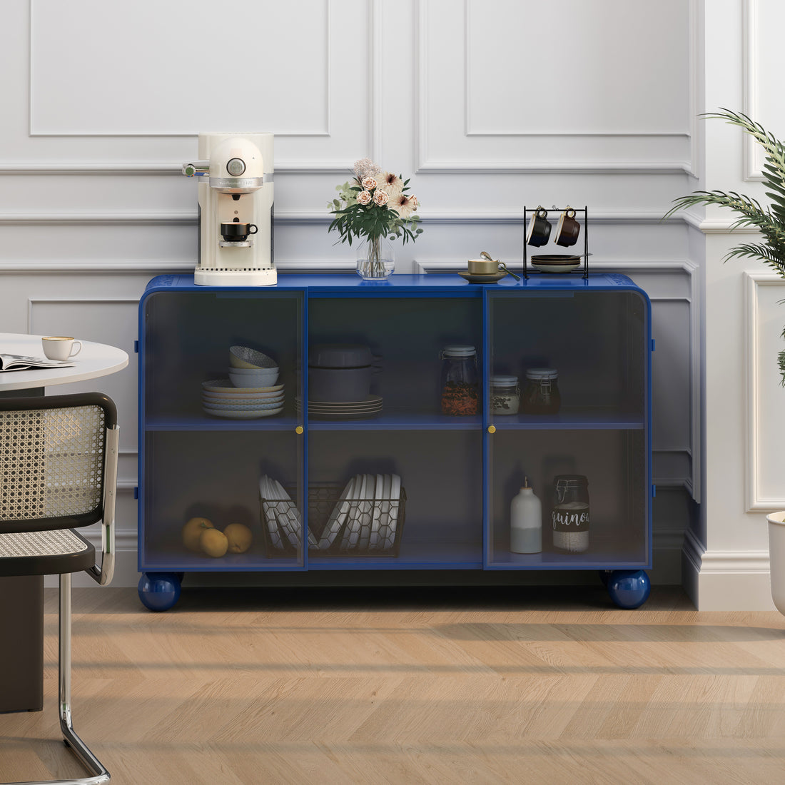 47.25"Glass Storage Cabinet Floor To Ceiling For Kitchen, Living Room, Bathroom Bark Blue Blue Glass Metal