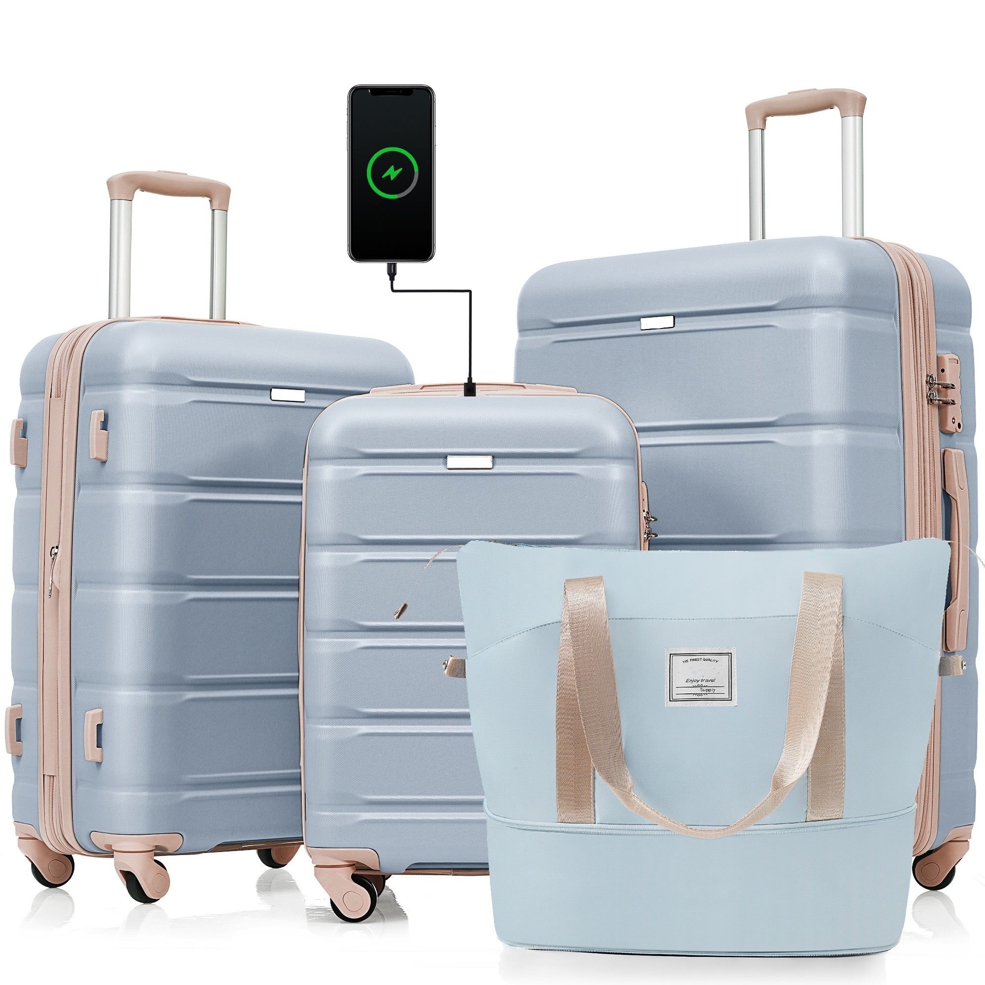 Luggage Sets 4 Piece, 20 Inch With Usb Port, Expandable Abs Durable Suitcase With Travel Bag, Cup Holder, Abs Hard Shell Luggage With Spinner Wheels, Light Blue And Golden Light Blue Abs