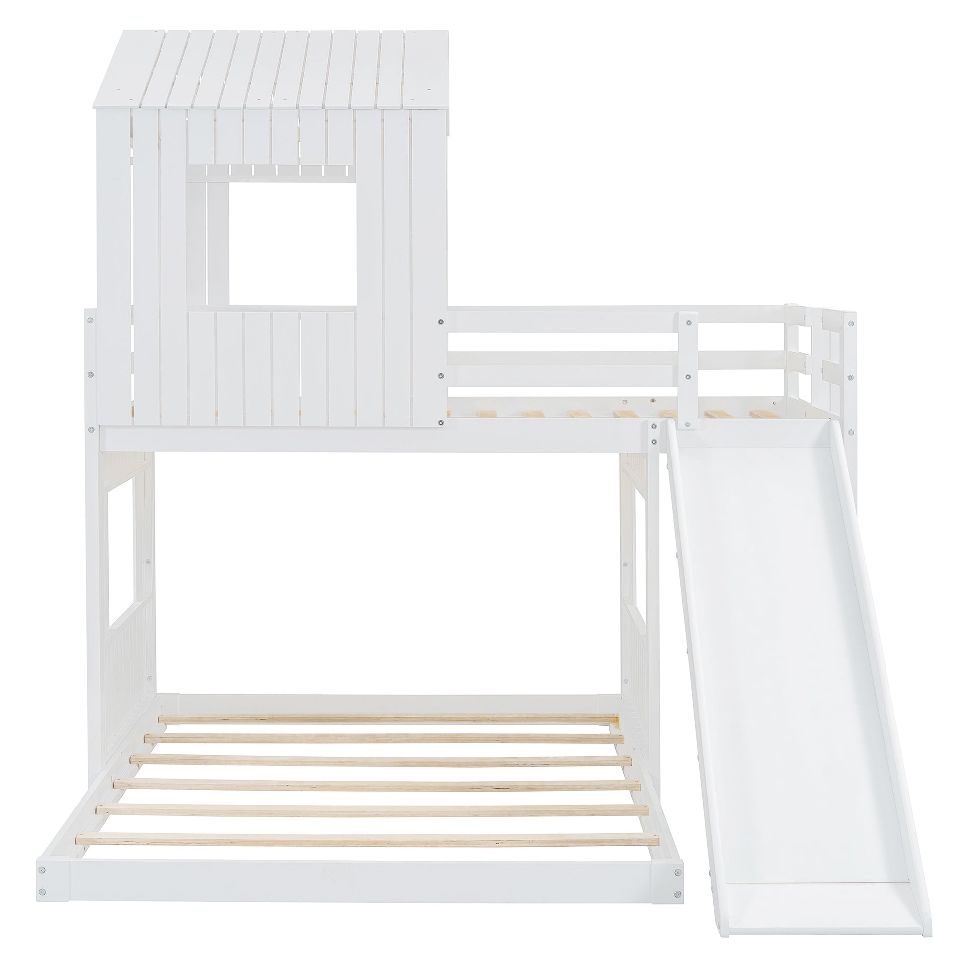 Wooden Twin Over Full Bunk Bed, Loft Bed With Playhouse, Farmhouse, Ladder, Slide And Guardrails, White Old Sku :Lt000028Aak Twin White Solid Wood