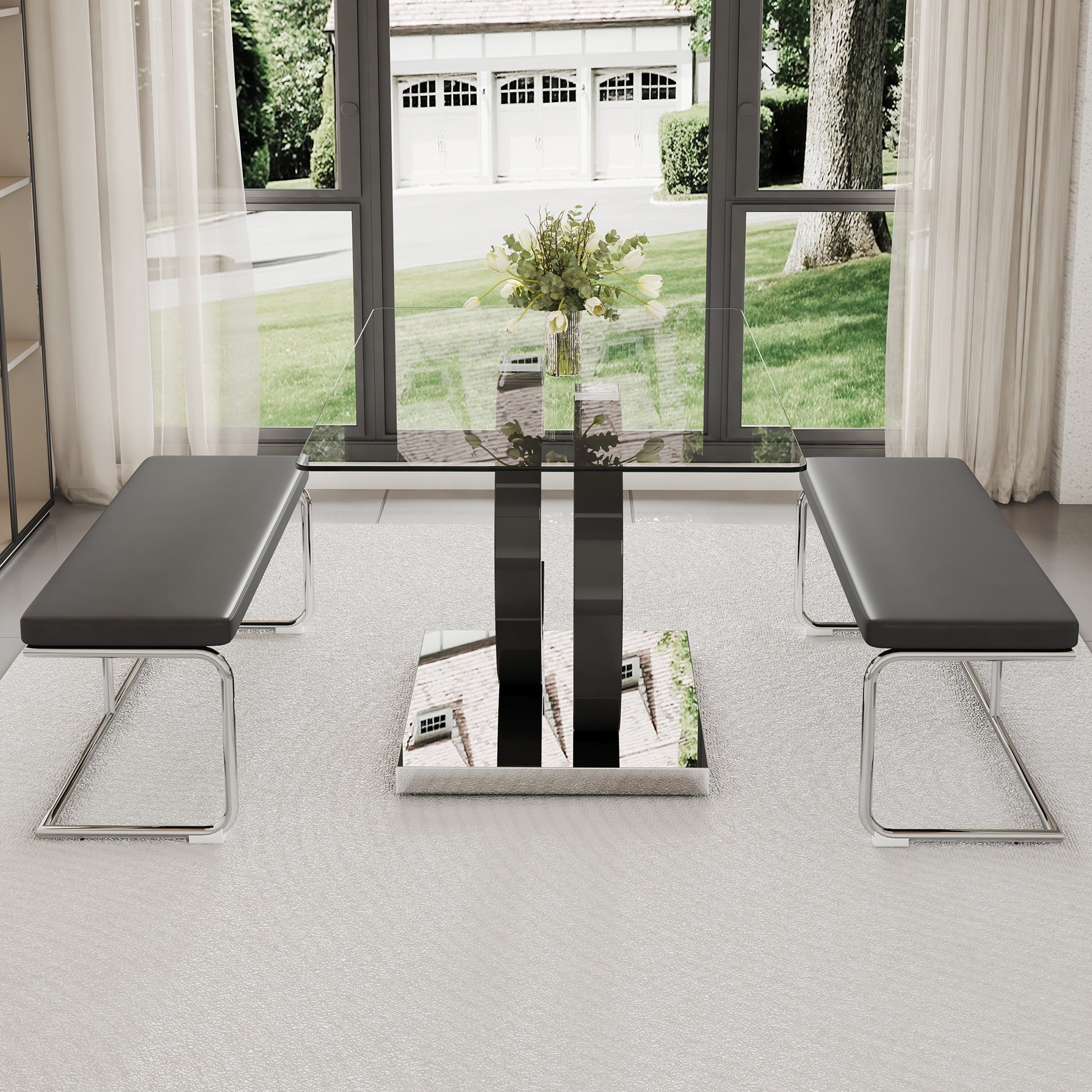 Table And Chair Set, Large Modern Minimalist Rectangular Glass Dining Table Suitable For 6 8 People, Equipped With 0.39 "Tempered Glass Tabletop, Mdf Oc Shaped Bracket, And Metal Base. Black Glass