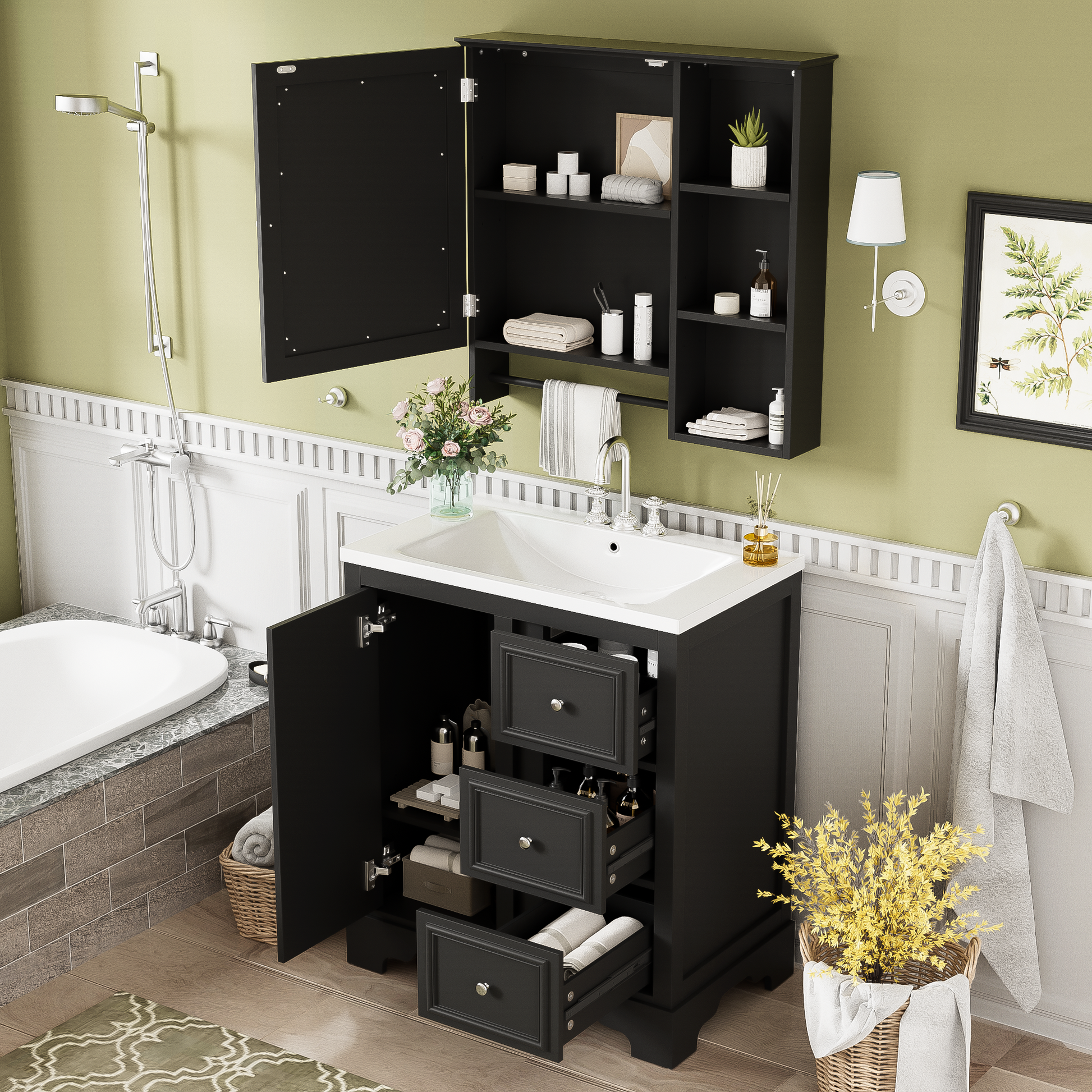 30 Inch Bathroom Vanity With Sink, Modern Elegant Bathroom Storage Cabinet With 3 Drawers And Adjustable Shelves, Freestanding Vanity Set With Mirror Cabinet, Single Sink Bathroom Vanity Black Bathroom Solid Wood Mdf Glass