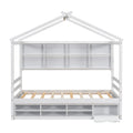 Twin House Bed With Roof Frame, Bedside Shelves, Under Bed Storage Unit,White Twin White American Design Pine