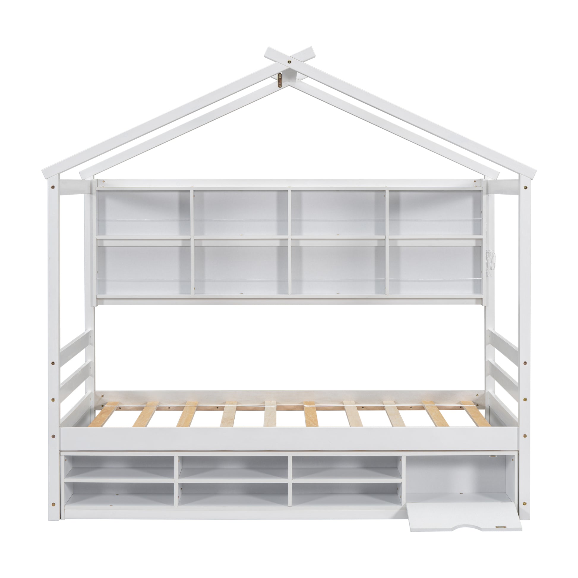 Twin House Bed With Roof Frame, Bedside Shelves, Under Bed Storage Unit,White Twin White American Design Pine