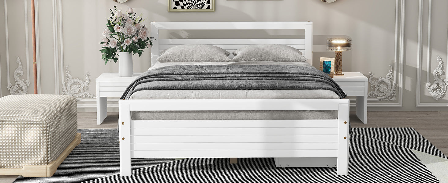 Full Size Wooden Platform Bed With 2 Storage Drawers And 2 Bedside Tables, White Full White Pine