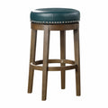 Round Swivel Bar Stools Set Of 2, Green Faux Leather 360 Degree Swivel Seat Trim Solid Wood Frame Brown Finish Furniture Brown Green Dining Room Round Solid Wood