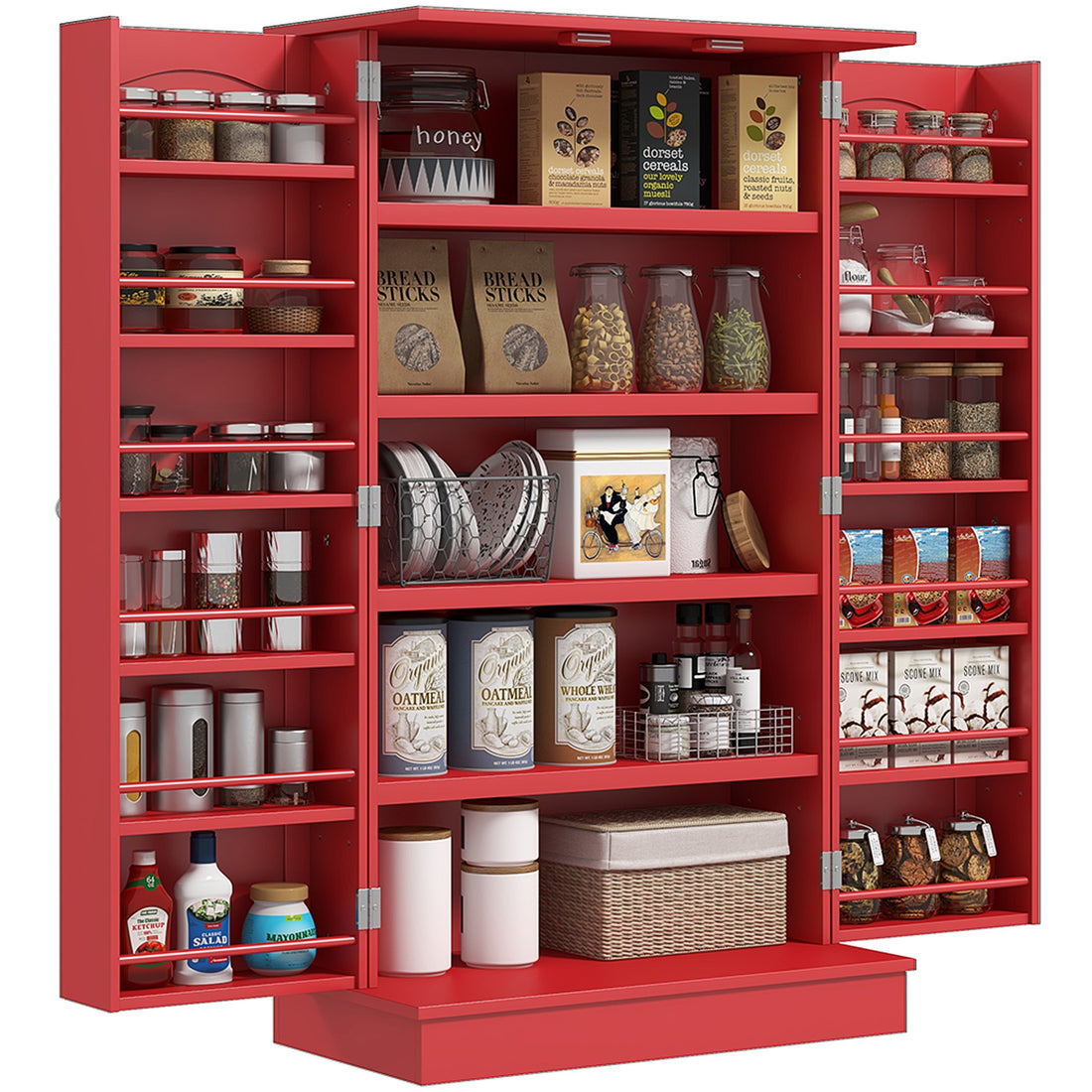 Homcom 41" Kitchen Pantry Storage Cabinet, Freestanding Kitchen Cabinet With 12 Door Shelves, Double Doors, 5 Tier Shelving And Adjustable Shelves, Red Red Mdf