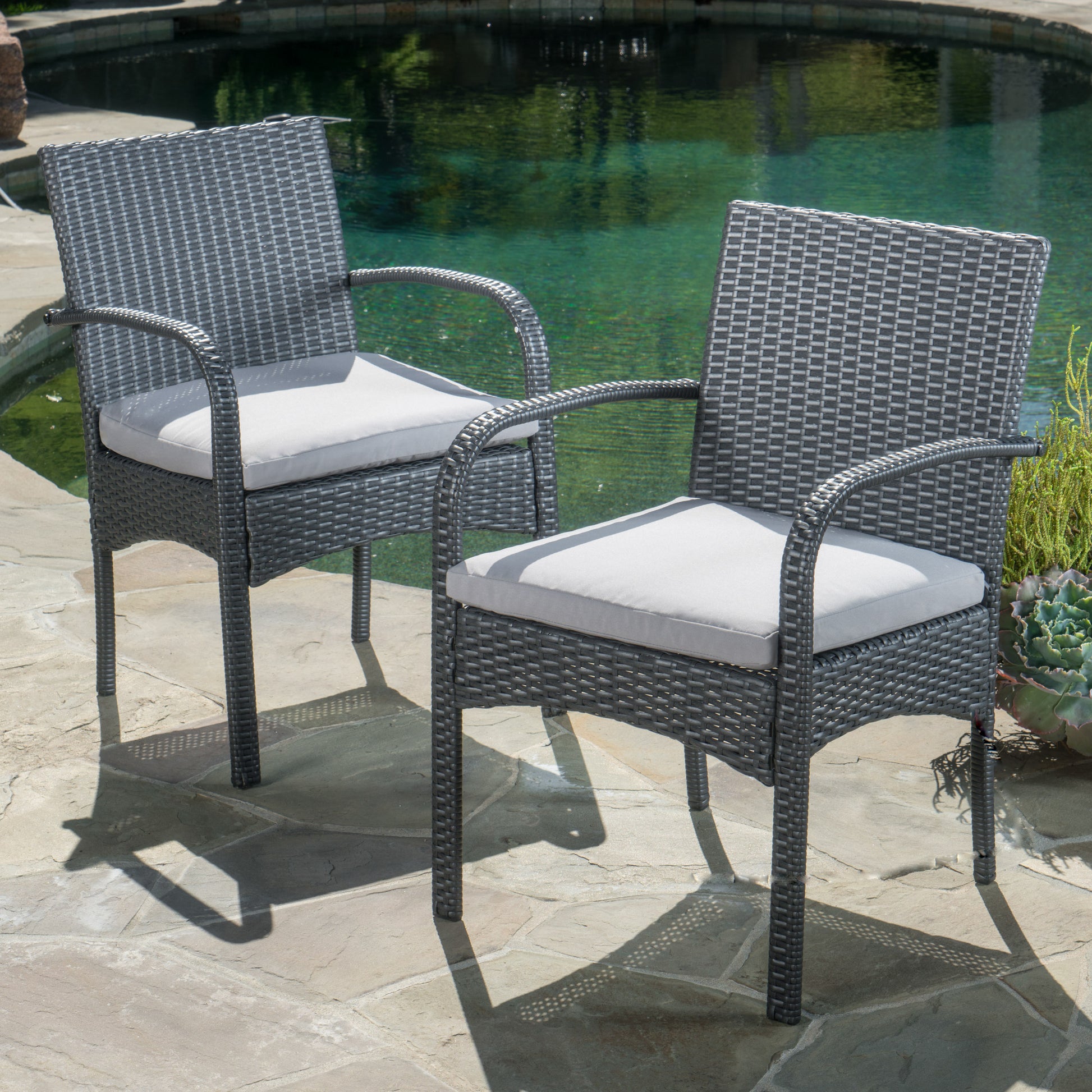 Cordoba Kd Pe Wicker Dining Chair Set Of 2 Pcs Grey Pe Rattan Iron Waterproof Fabric