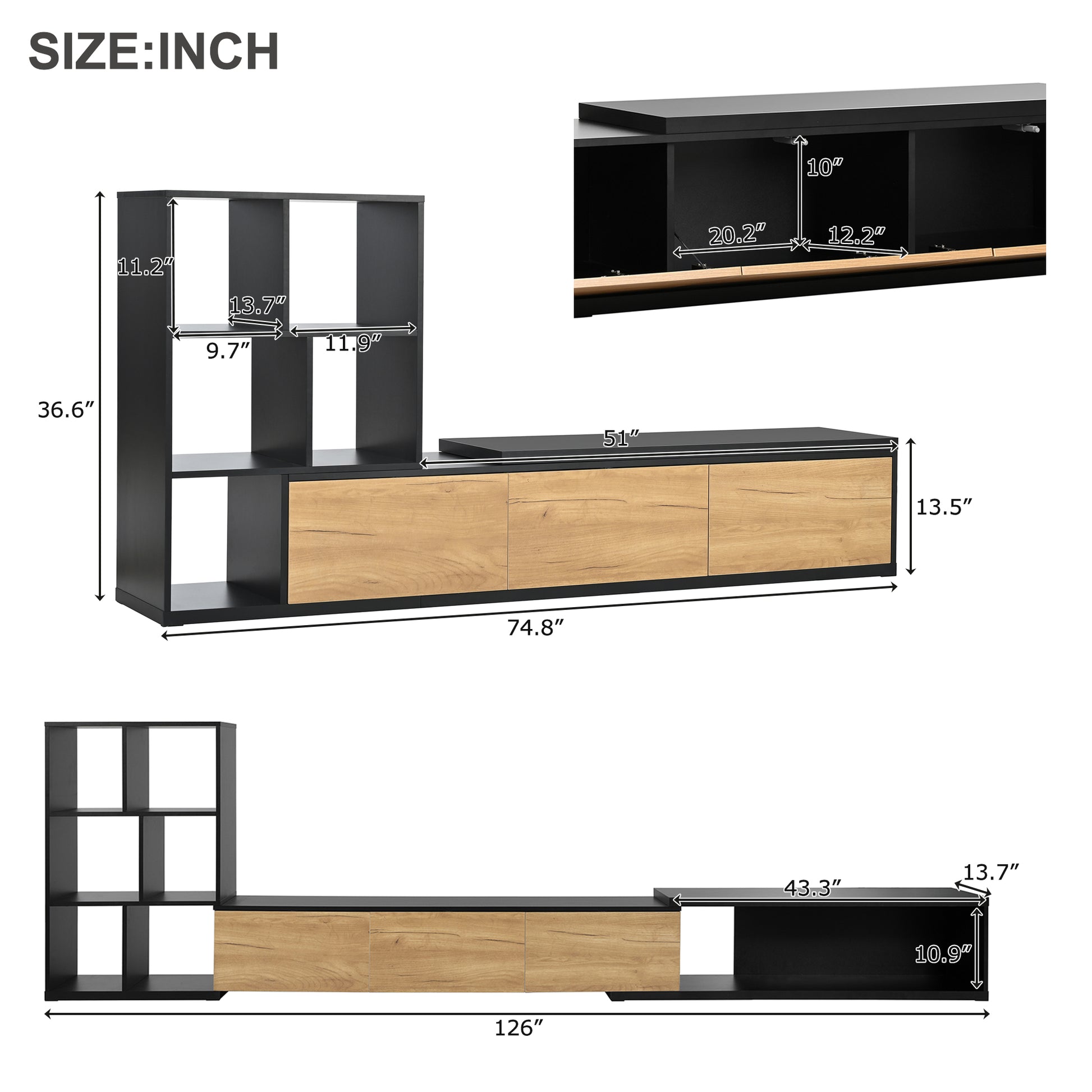 74.8'' 126'' Extendable Tv Stand With 3 Tier Bookshelves For Tvs Up To 110'', Adjustable Entertainment Center With Storage Cabinets, Sliding Tabletop Media Console For Living Room, Black Black Primary Living Space 90 Inches Or Larger Particle Board Mdf