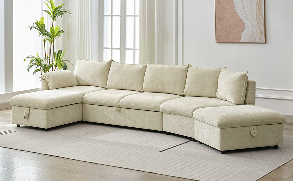 146.9" L Shaped Sofa Sectional Sofa Couch Pull Out Sofa Bed With A Movable Storage Ottoman, A Storage Chaise Lounge And Two Usb Ports For Living Room, Beige Beige Foam Linen 5 Seat