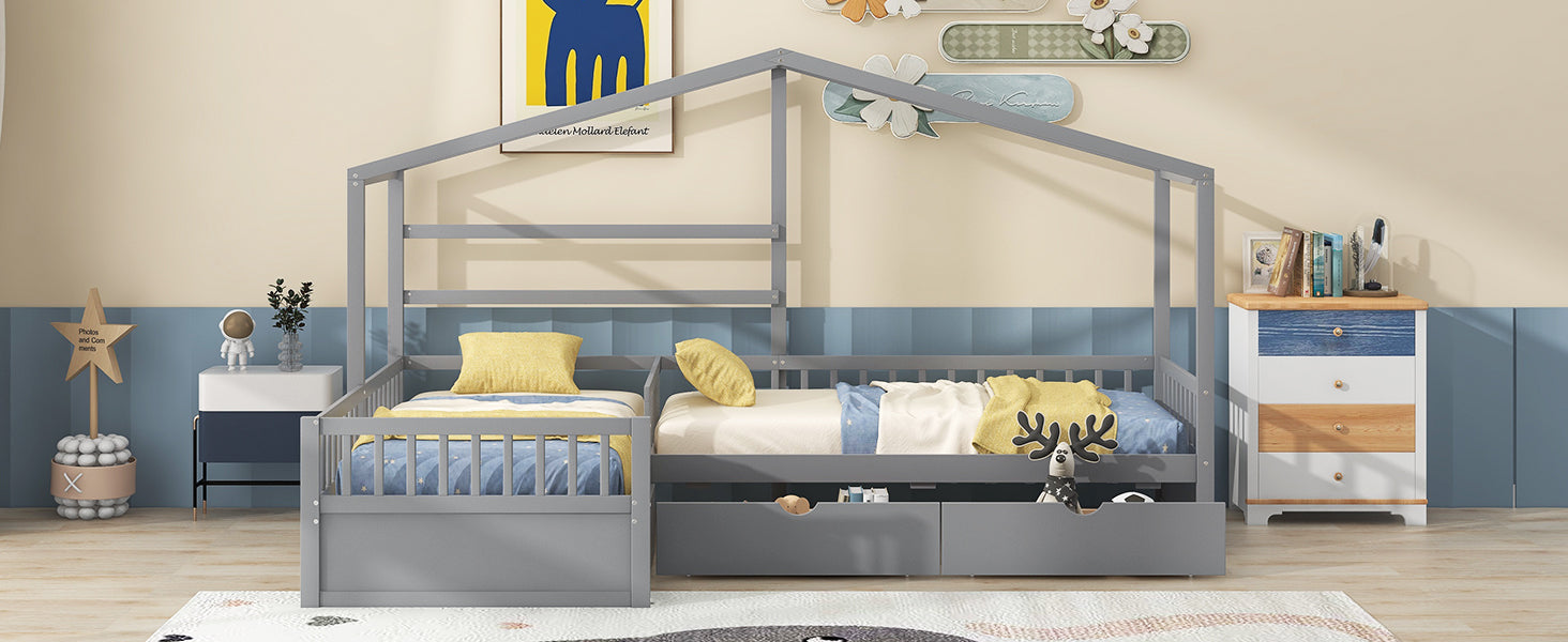 Twin Size House Platform Bed With Three Storage Drawers,Gray Box Spring Not Required Twin Gray Wood Bedroom Pine