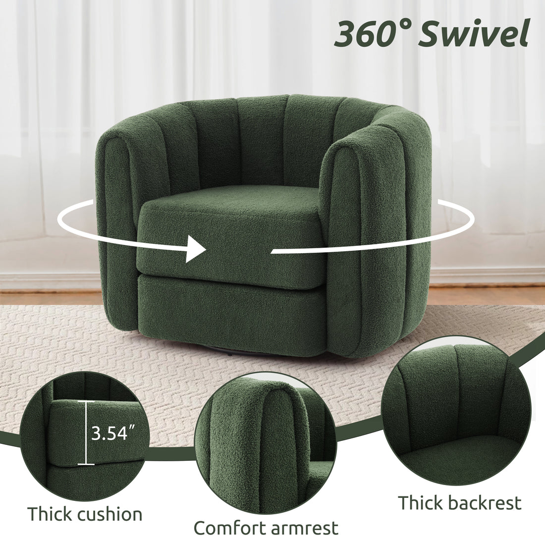 Swivel Accent Chair For Living Room, Sofa Chairs With Wood Base Side, Comfy Swivel Accent Chair With Wide Upholstered, For Living Room Green Dark Green Teddy