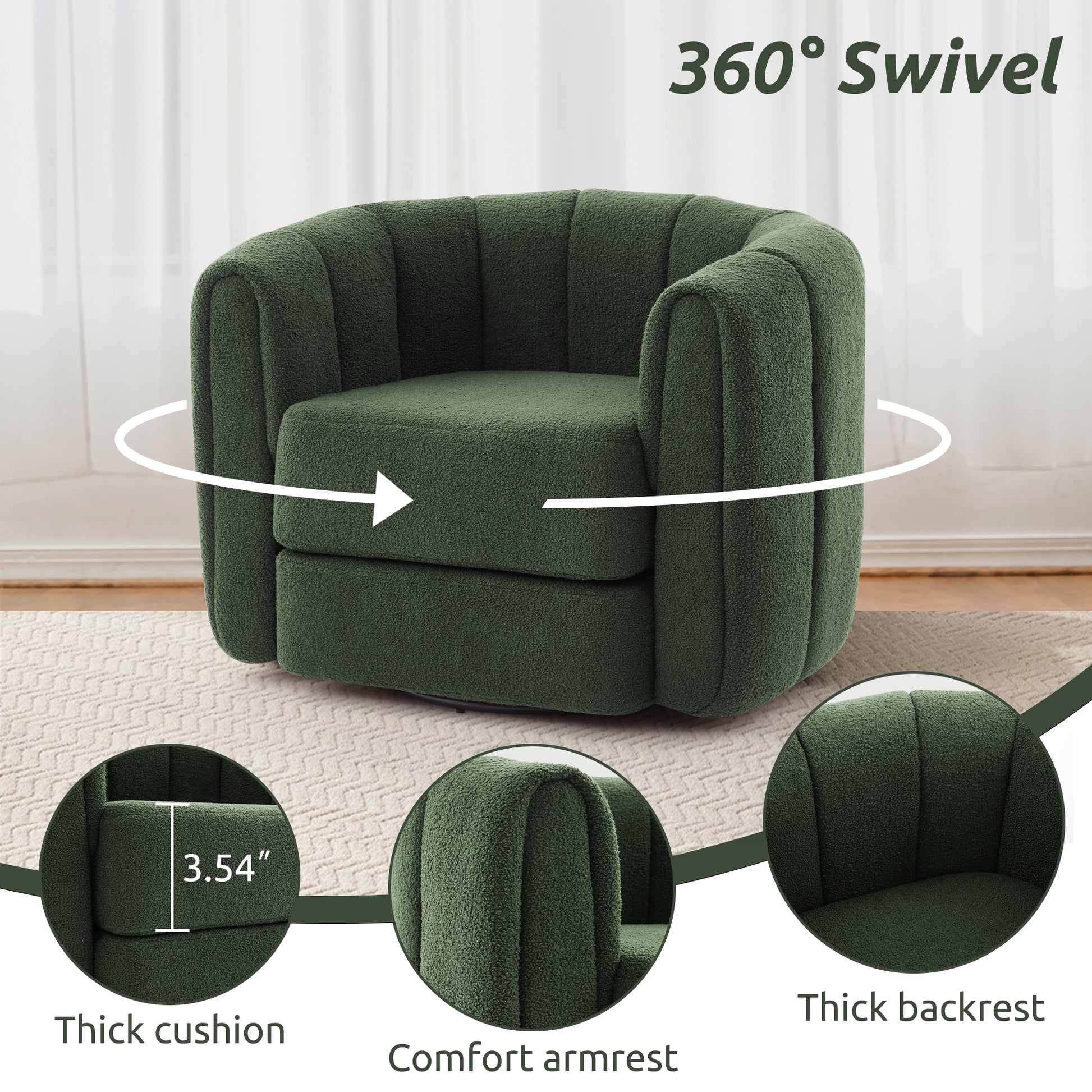 Swivel Accent Chair For Living Room, Sofa Chairs With Wood Base Side, Comfy Swivel Accent Chair With Wide Upholstered, For Living Room Green Dark Green Teddy