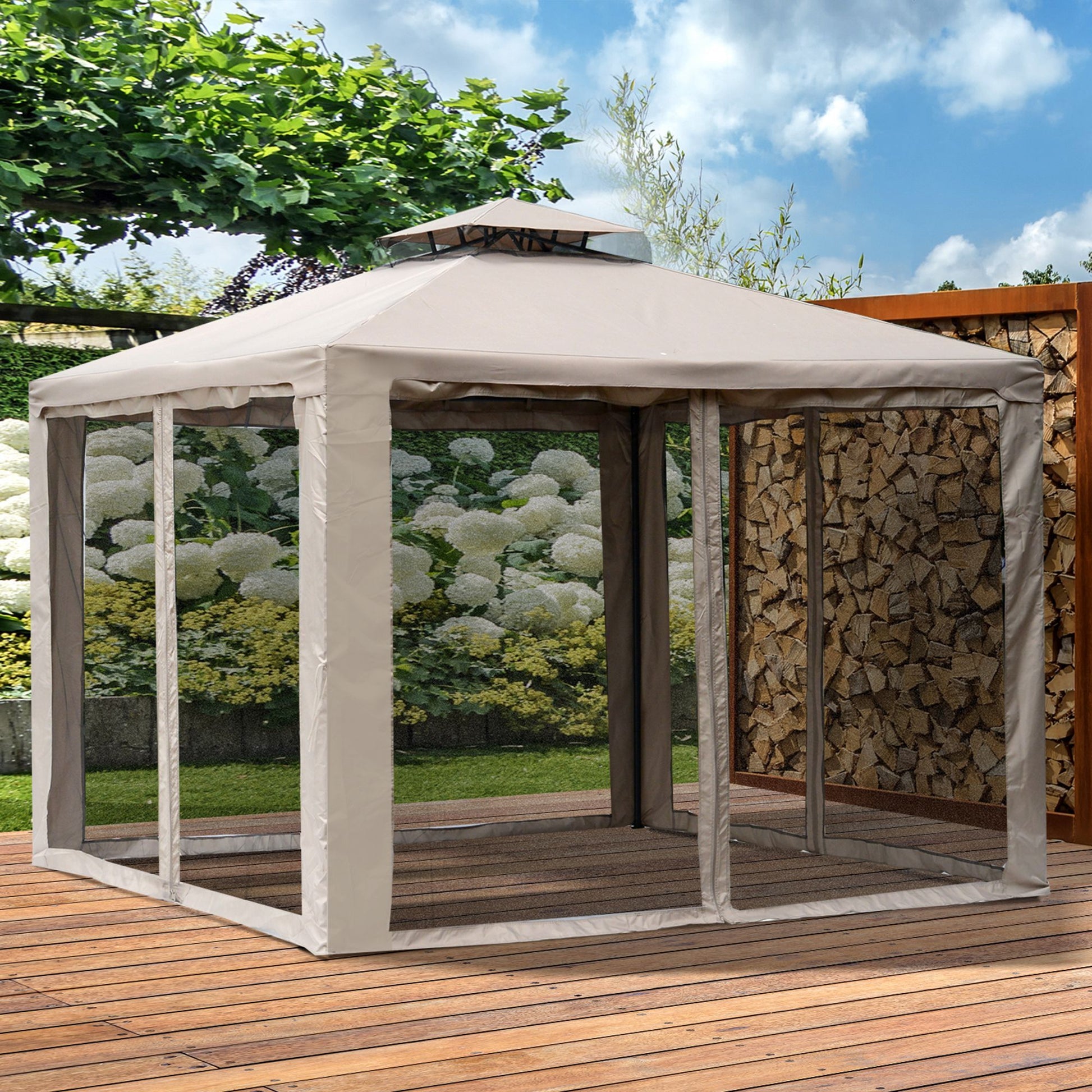 Outsunny 9.6' X 9.6' Patio Gazebo, Outdoor Canopy Shelter With 2 Tier Roof And Netting, Steel Frame For Garden, Lawn, Backyard, And Deck, Taupe Brown Steel