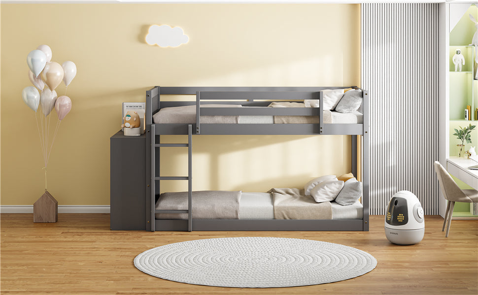 Twin Over Twin Bunk Bed With 4 Drawers And 3 Shelves Gray Twin Gray Solid Wood