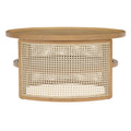 2 Tiered Round Natural Wood Coffee Table With Storage Rattan Base In 31.3'' Natural Rubber Wood