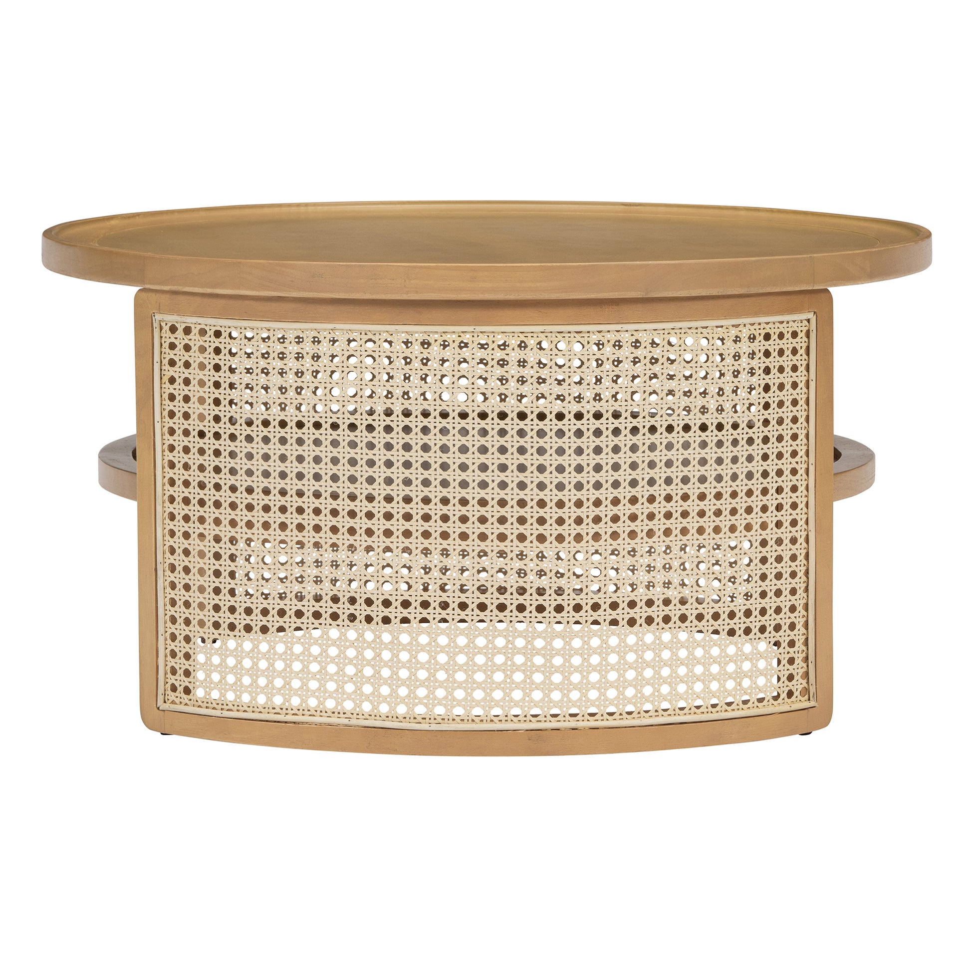 2 Tiered Round Natural Wood Coffee Table With Storage Rattan Base In 31.3'' Natural Rubber Wood