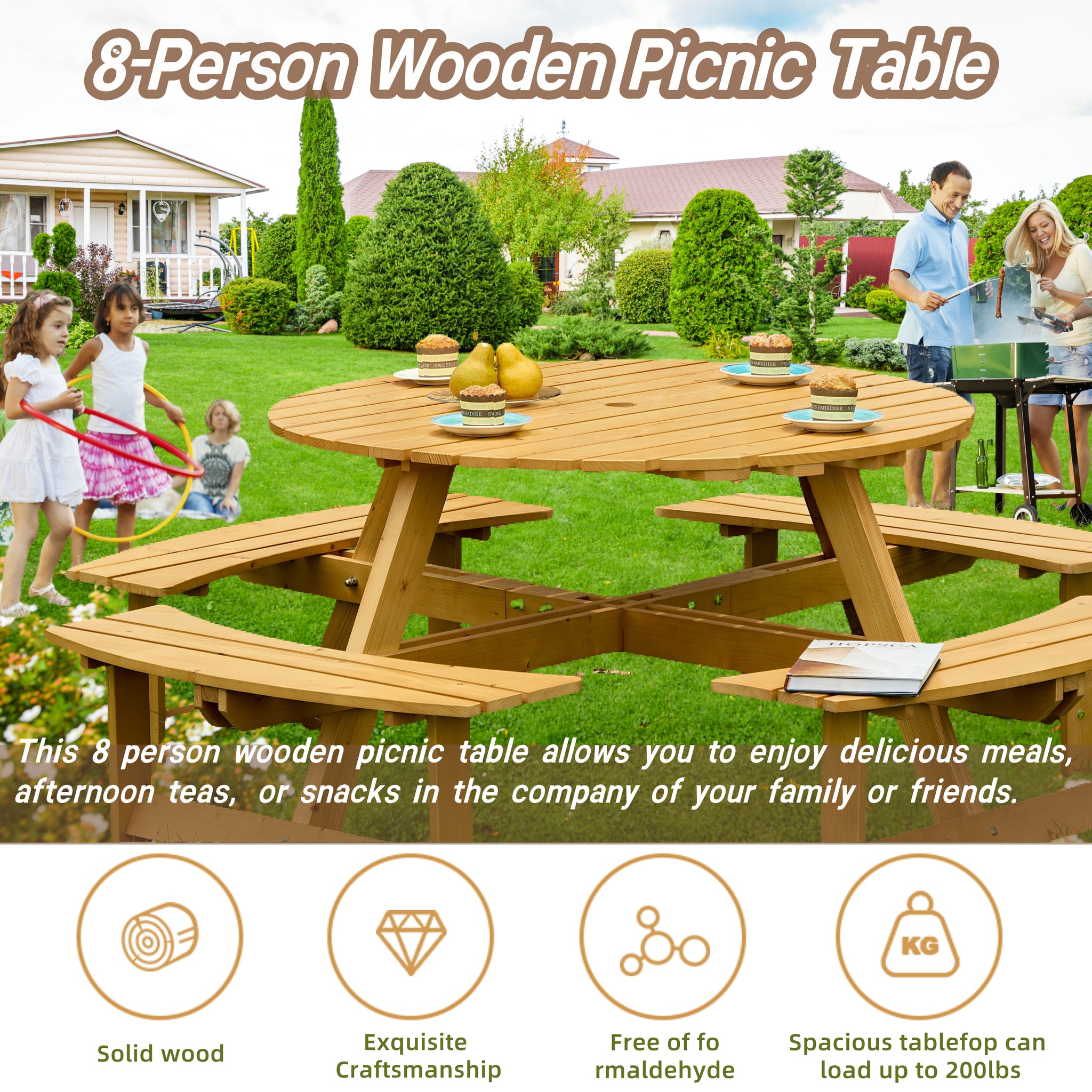 Outdoor 8 Person Picnic Table, 8 Person Round Picnic Table With 4 Built In Benches, Umbrella Hole, Outside Table And Bench Set For Garden, Backyard, Porch, Patio, Natural Natural Wood Metal