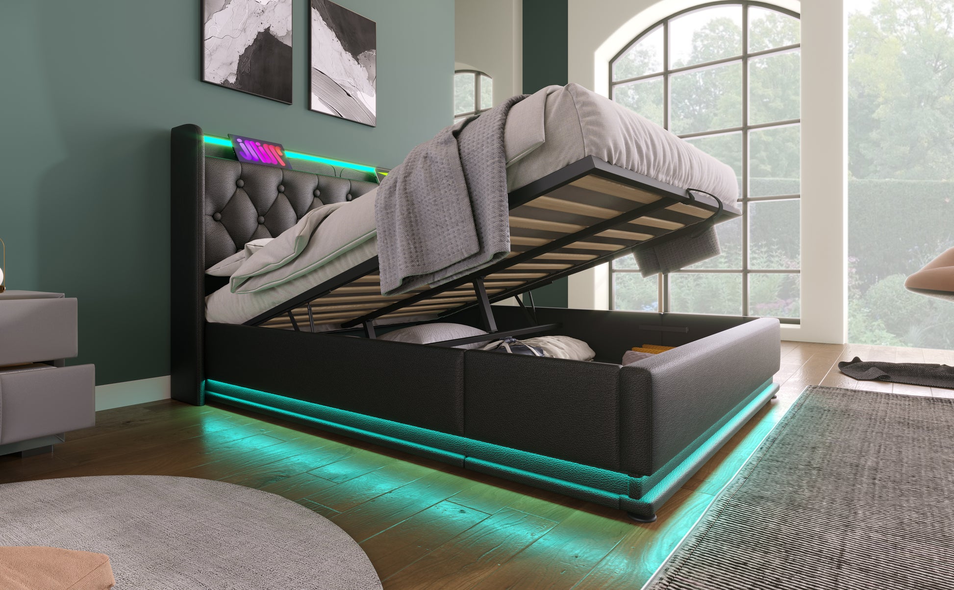 Full Size Upholstered Bed, 360 Surround Led Function, Buttons Apps Remote Control, Hydraulic Storage Bed With Usb Type C Charging, Black,Pu Without Mattress Full Black Pu