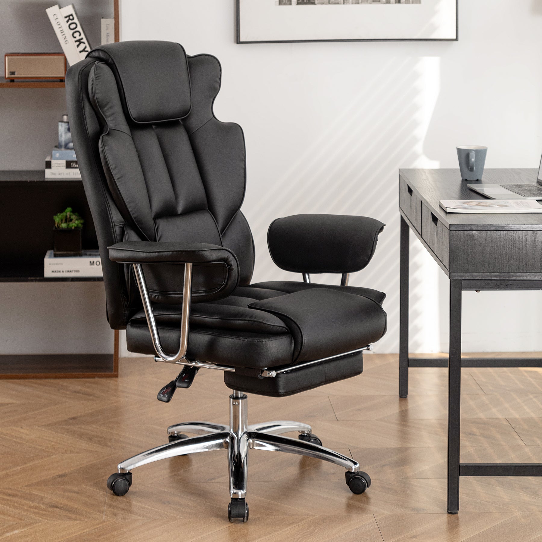 Office Chair, Big And Tall Executive Office Chair With Footrest, Leather Computer Chair, Ergonomic Reclining Chair High Back With Lumbar Support, Large Home Office Chair Black Black Pu Leather