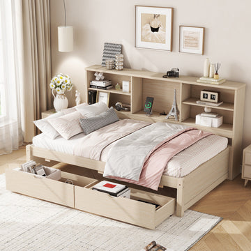 Twin Size Bed Frame With Side Bookshelves, Two Drawers, And Built In Usb Port For Natural Color Box Spring Not Required Twin Natural Bedroom Bookcase Particle Board,Plywood,Rubber Wood