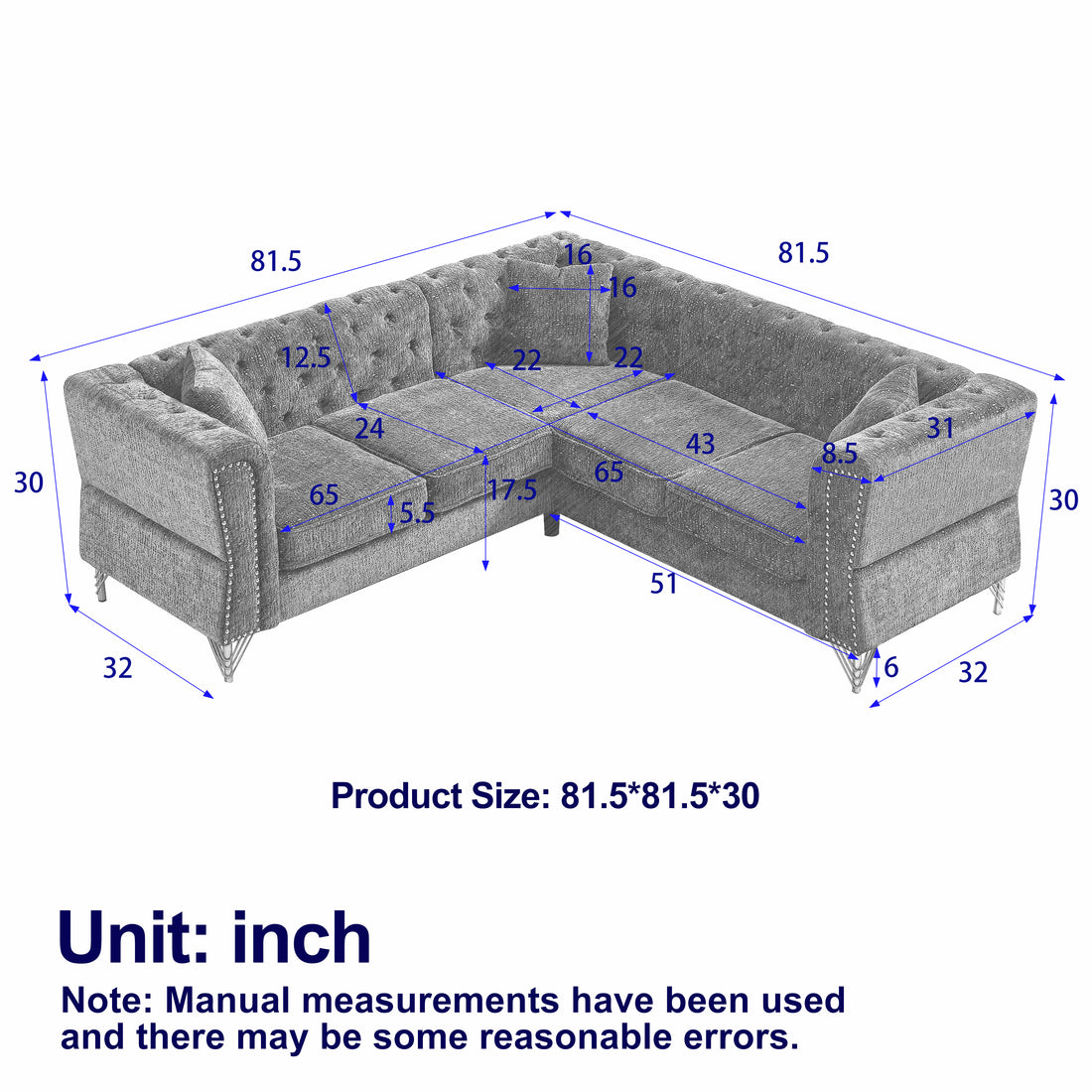 81.5 Inch Chenille Corner Sofal Shaped Sectional Couch, 5 Seater Corner Sofas With 3 Cushions For Living Room, Bedroom, Apartment, Office Grey Foam Chenille 5 Seat