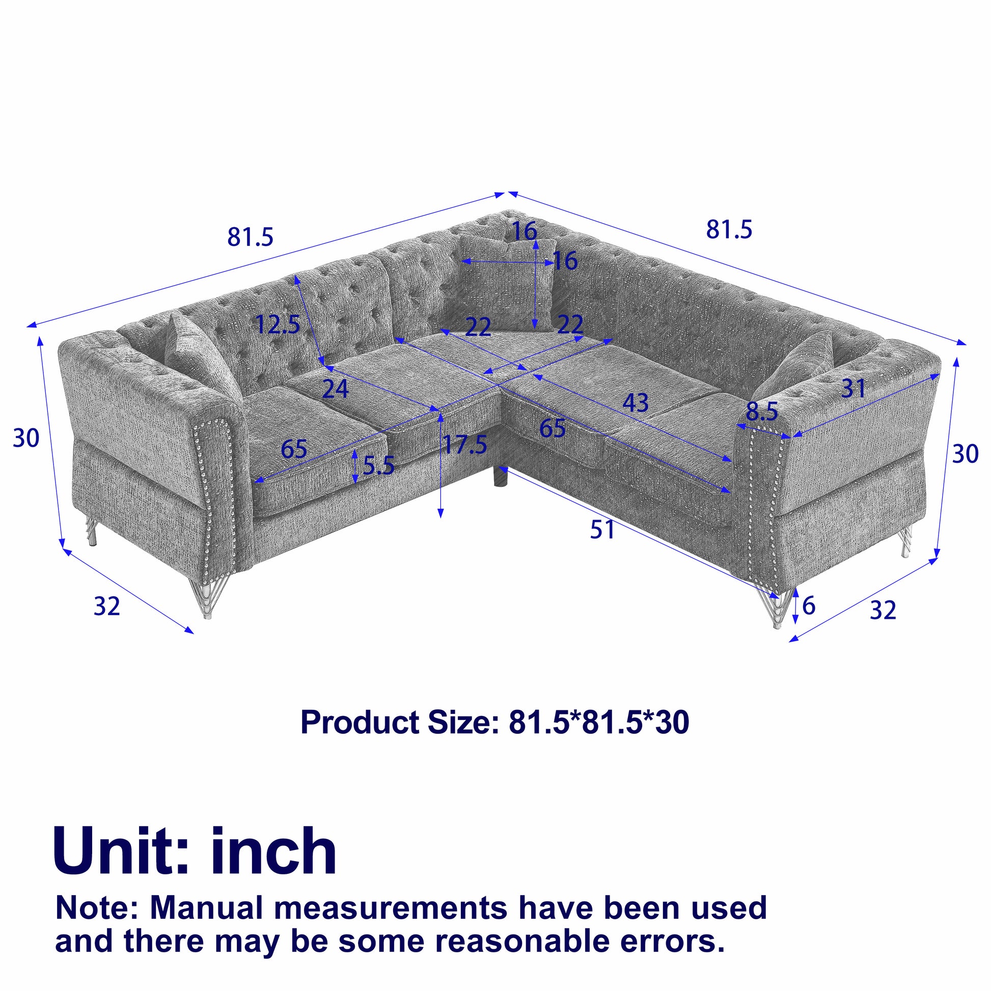 81.5 Inch Chenille Corner Sofal Shaped Sectional Couch, 5 Seater Corner Sofas With 3 Cushions For Living Room, Bedroom, Apartment, Office Grey Foam Chenille 5 Seat