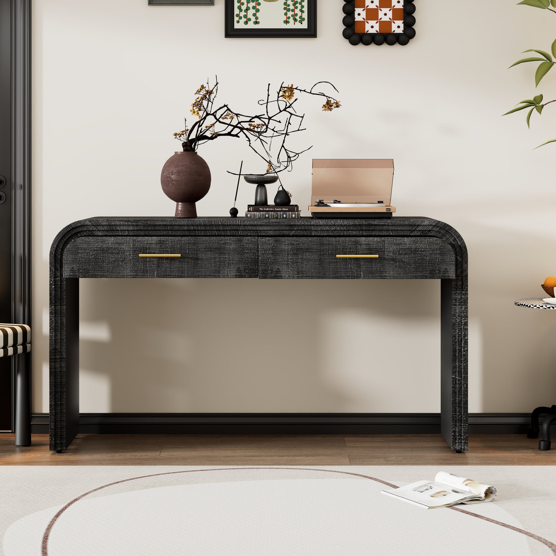 Unique Retro Console Table With Open Style, Two Top Drawers For Entrance, Dinning Room, Living Room Antique Black Antique Black Mdf