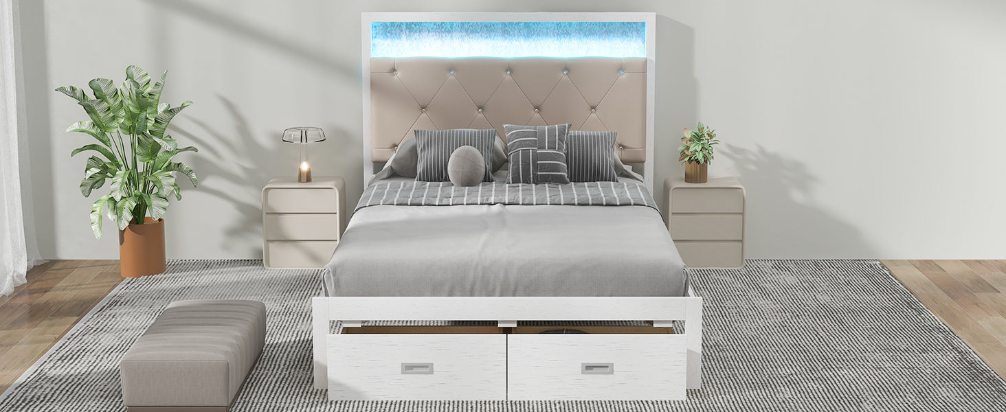 Wood Full Size Platform Bed With Upholstered Headboard And Led And 2 Drawers, Antique White Box Spring Not Required Full Antique White Wood Bed Frame Solid Wood Mdf