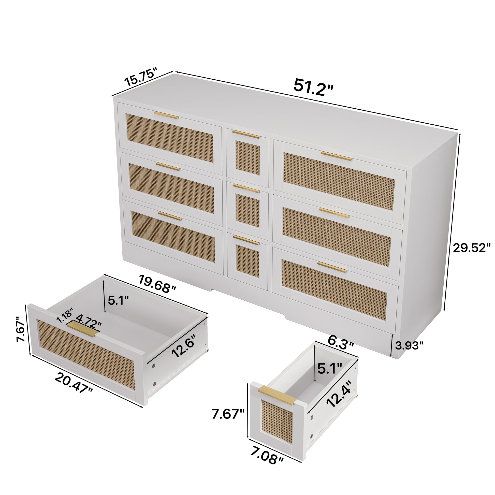 51.2 "Rattan Locker With Drawers, 9 Drawers, Metal Handles For Kitchen, Living Room, Bedroom White White Mdf